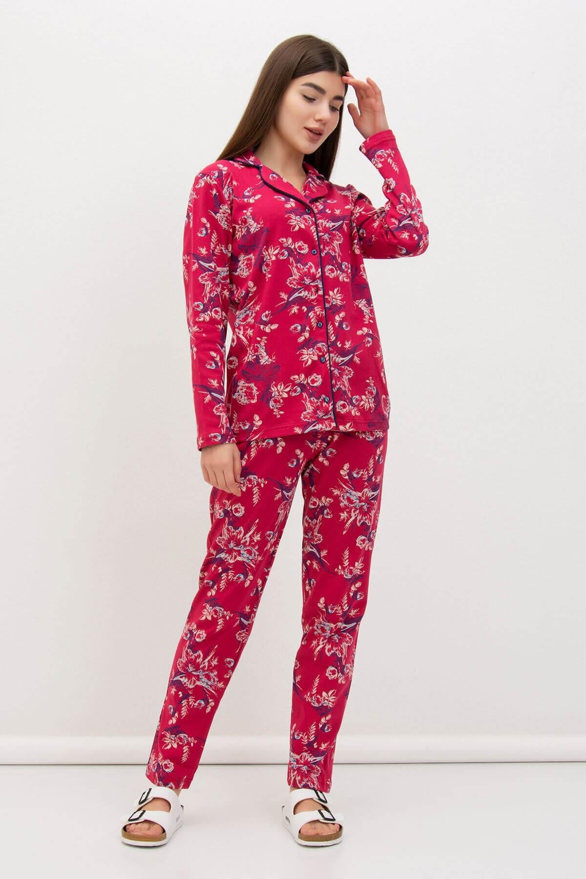 Kalın Pamuklu Düğmeli Çiçekli Pijama Takımı