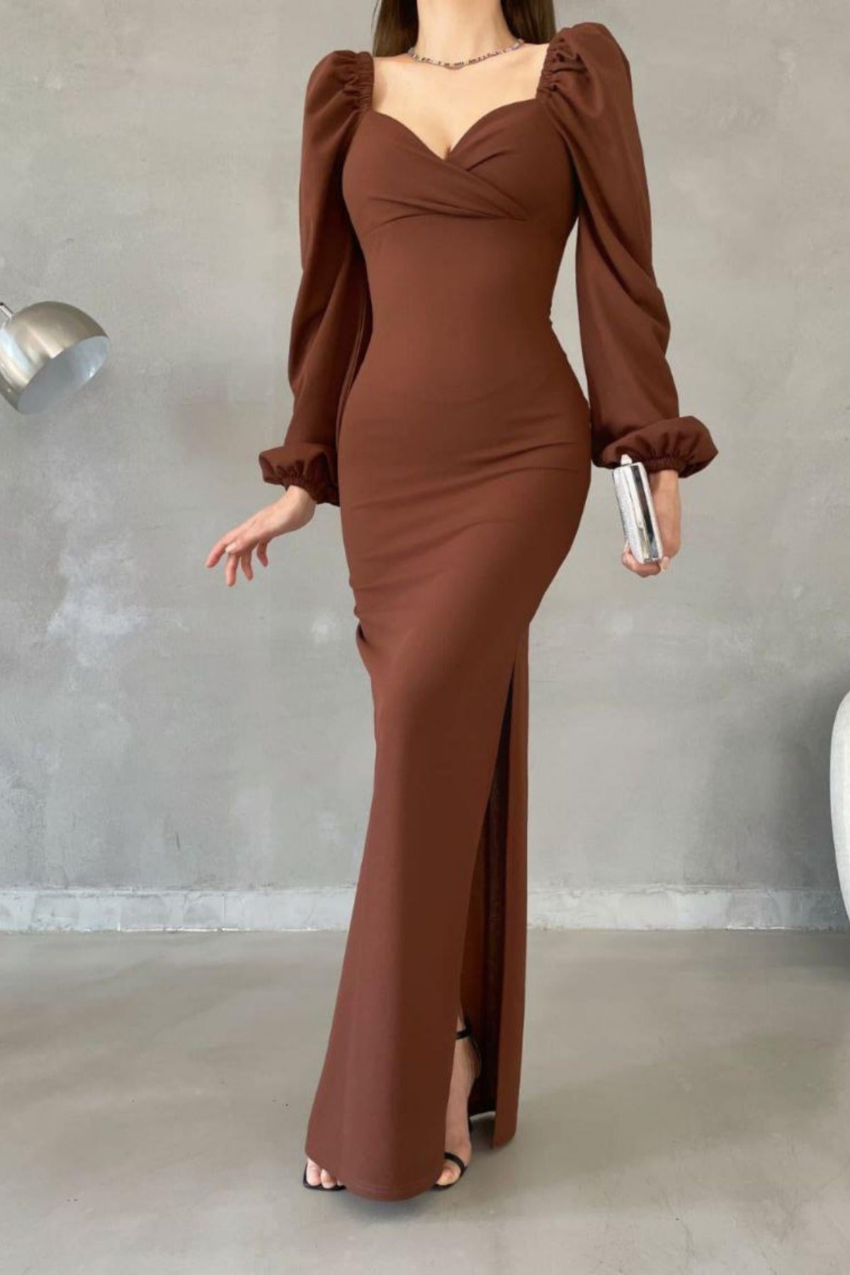 Kalp Yaka Balon Kol Yırtmaçlı Balık Model İthal Krep Kumaş Maxi Elbise Kahve