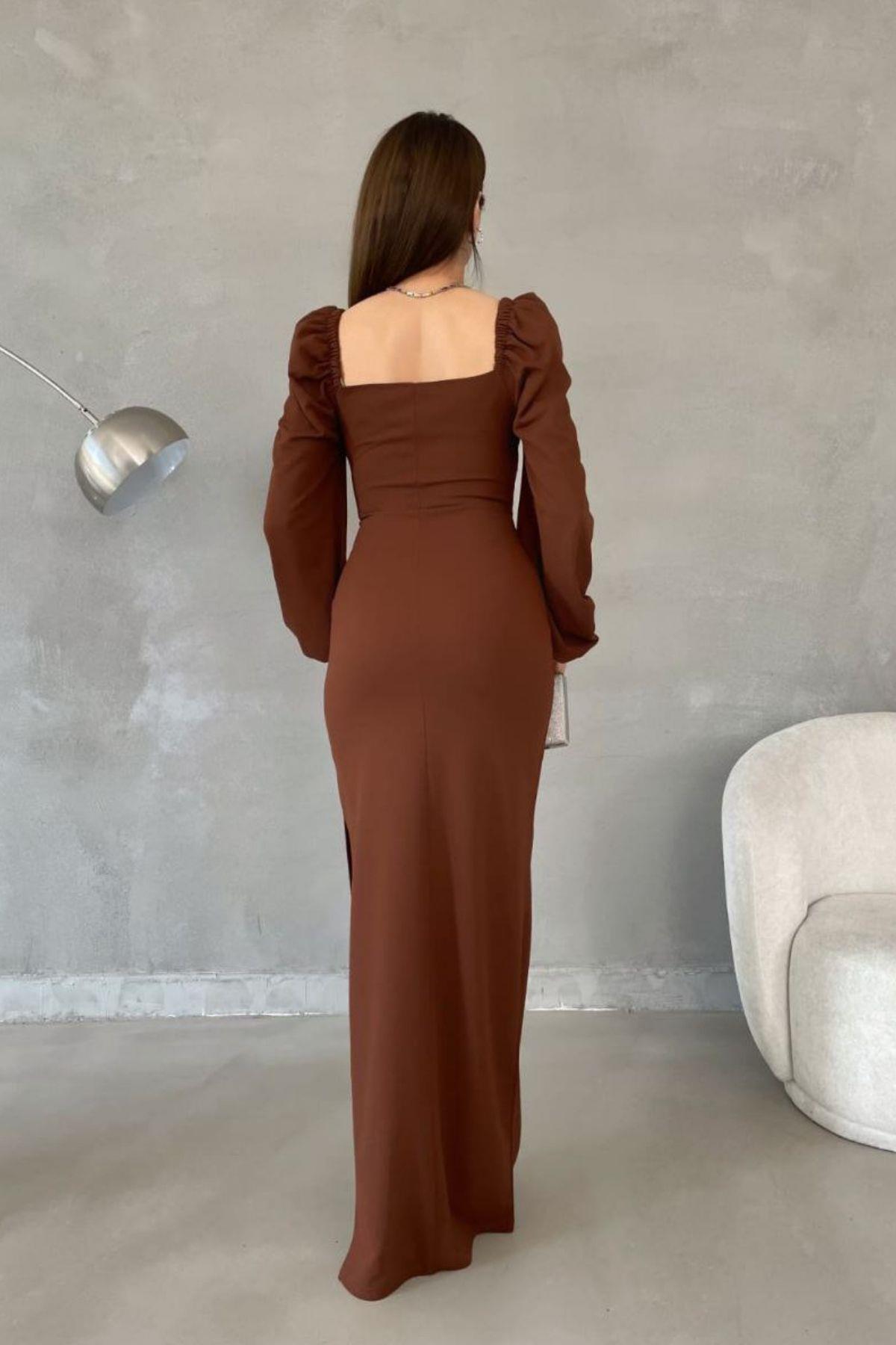 Kalp Yaka Balon Kol Yırtmaçlı Balık Model İthal Krep Kumaş Maxi Elbise Kahve