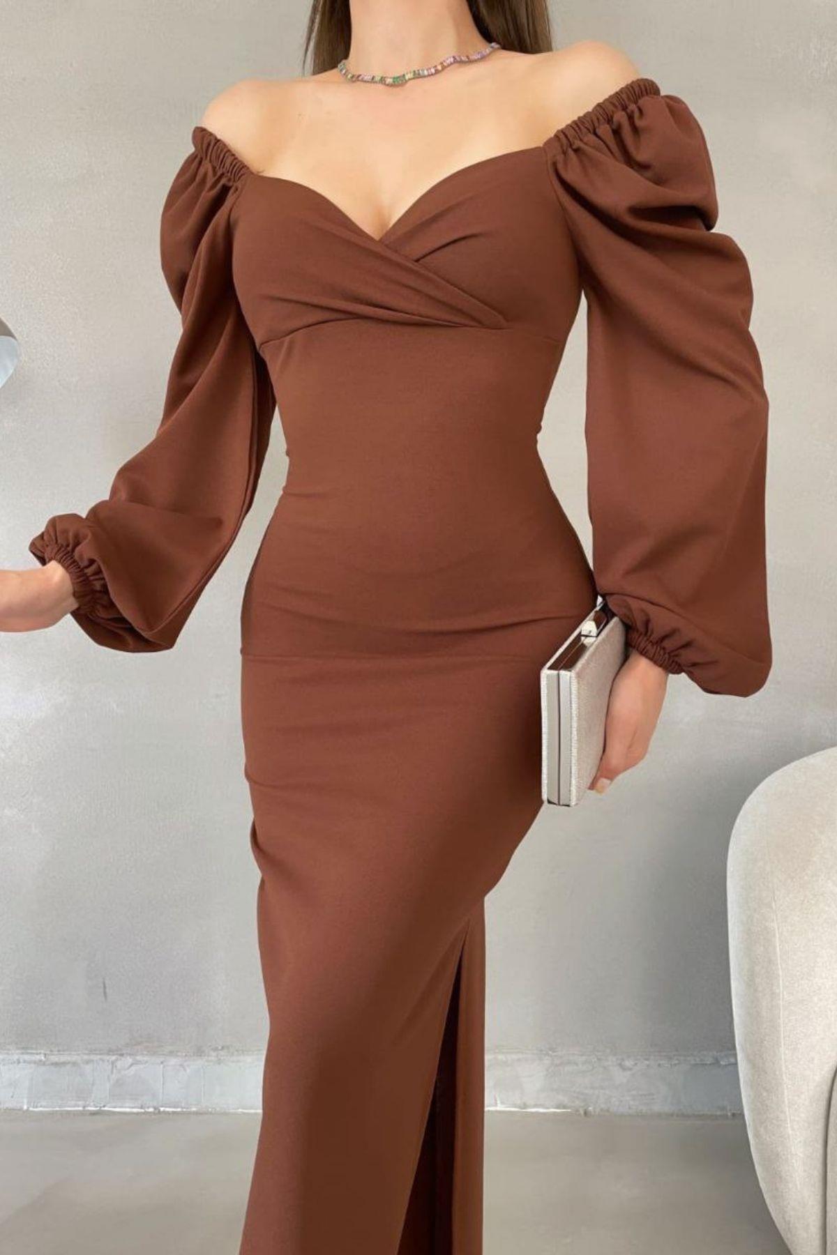 Kalp Yaka Balon Kol Yırtmaçlı Balık Model İthal Krep Kumaş Maxi Elbise Kahve