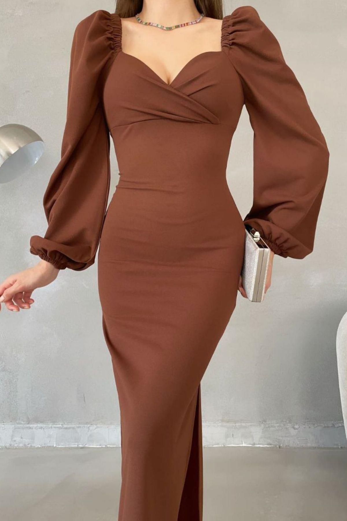 Kalp Yaka Balon Kol Yırtmaçlı Balık Model İthal Krep Kumaş Maxi Elbise Kahve