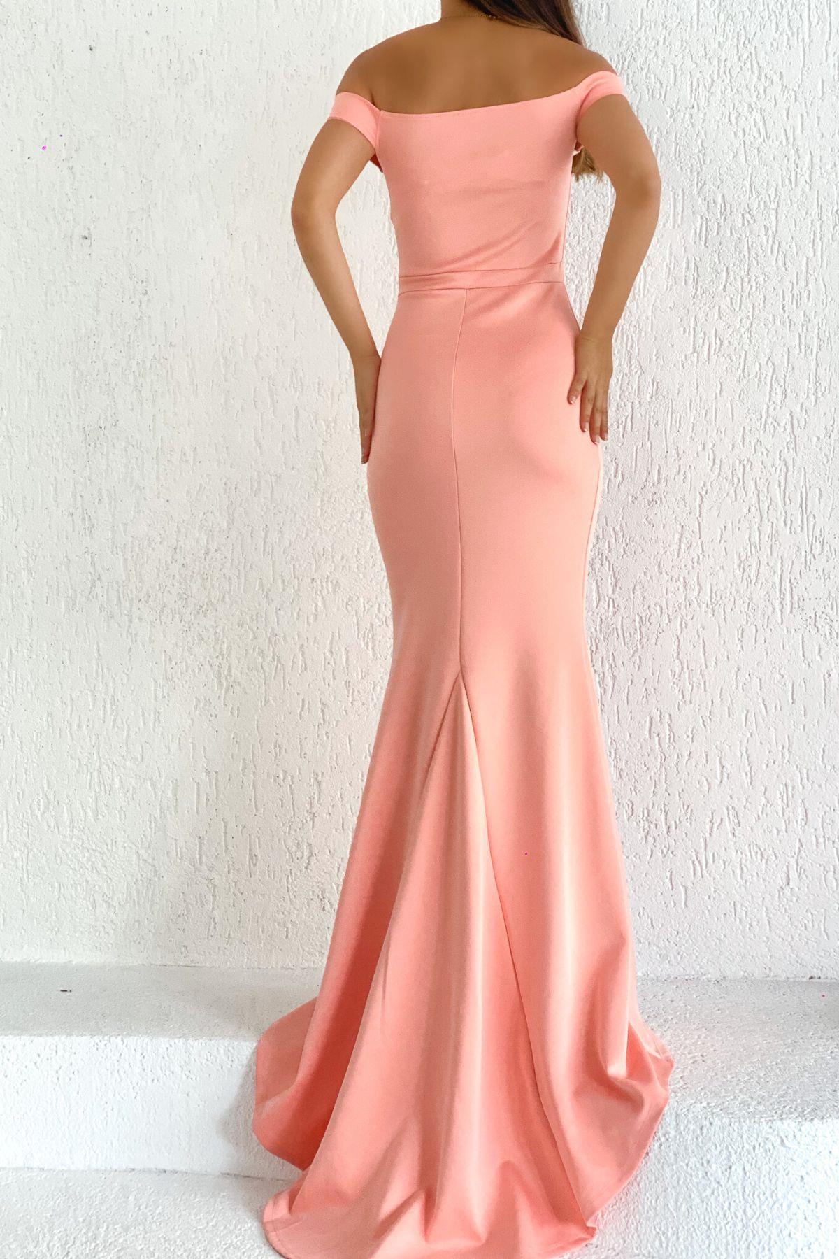Kalp Yaka Kuyruklu Balık Abiye Elbise Pembe