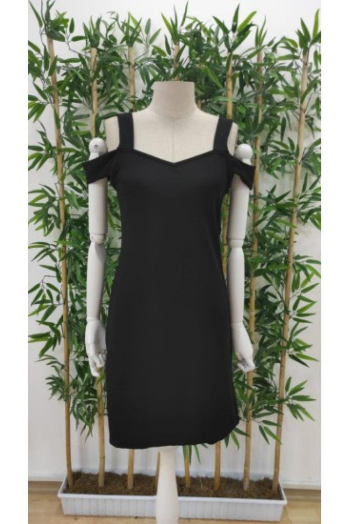 Kalp Yaka Omuz Detaylı Mini Krep Elbise Siyah