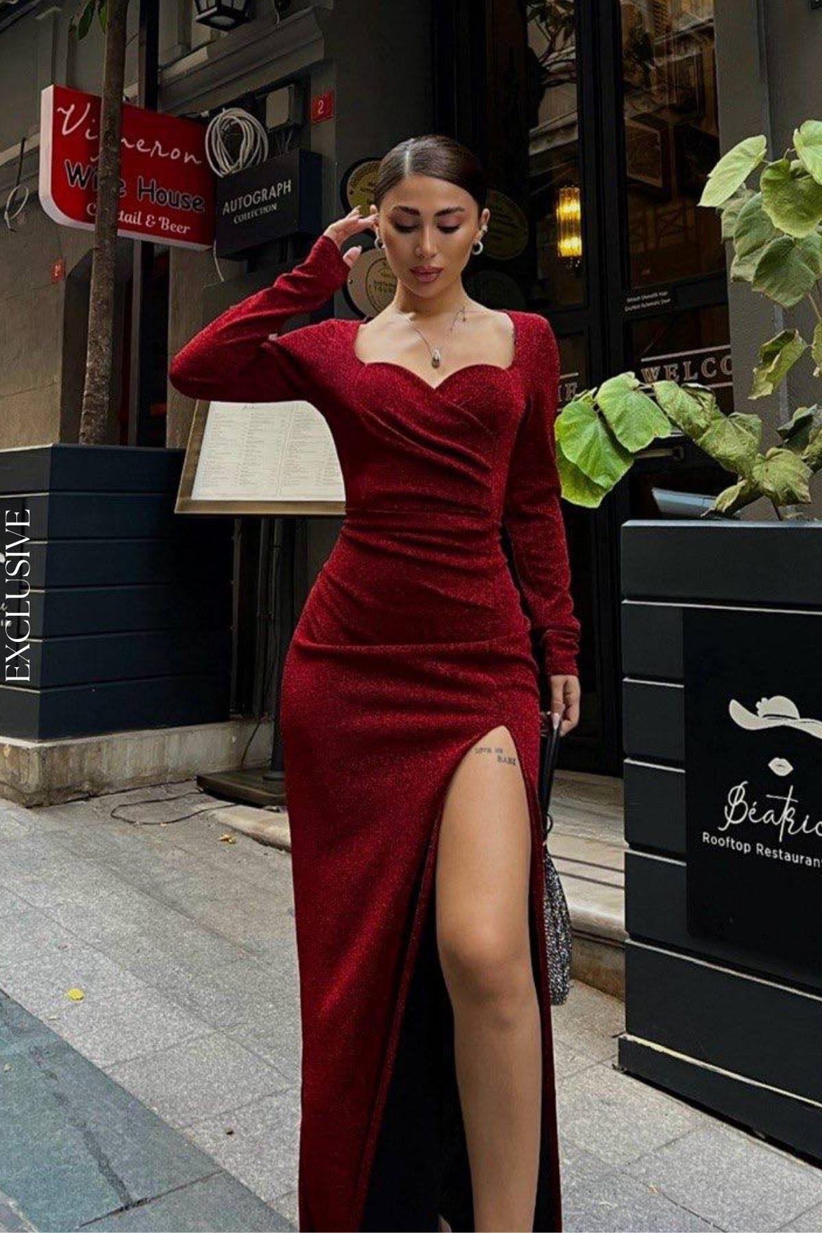 Kalp Yaka Yırtmaçlı Simli Flowers Abiye Elbise Bordo