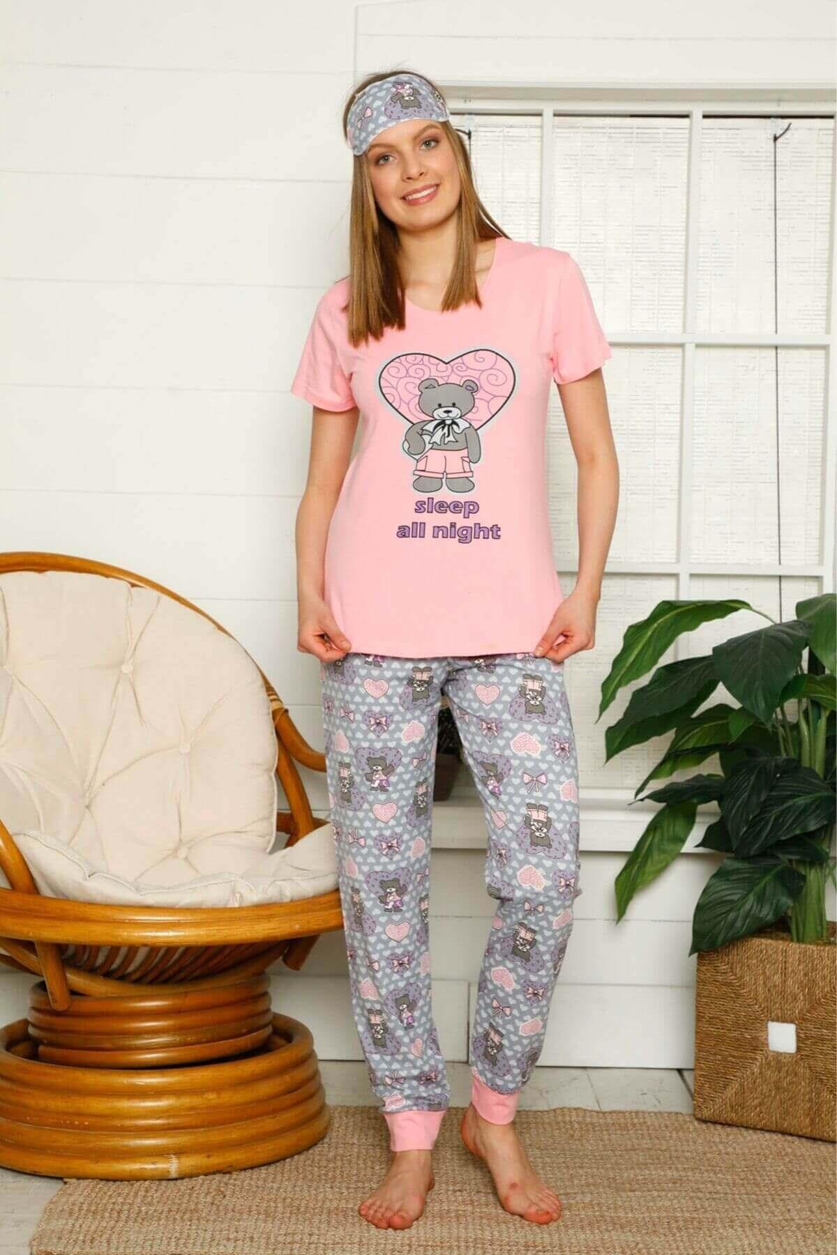 Kalpli Kısa Kollu Pijama Takımı Pembe