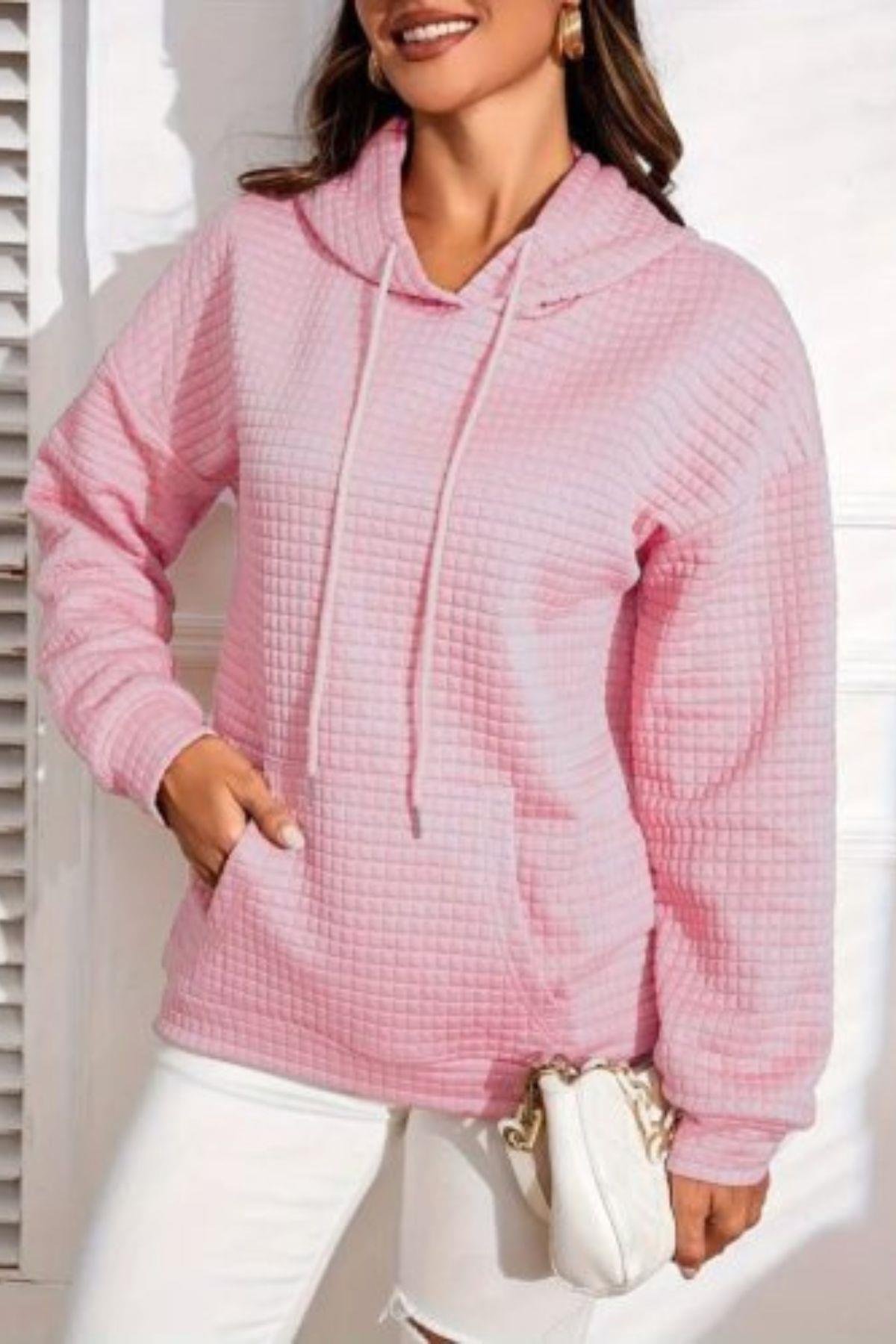 Kapüşonlu Bağcıklı Cepli Capitone Sweatshirt Pembe