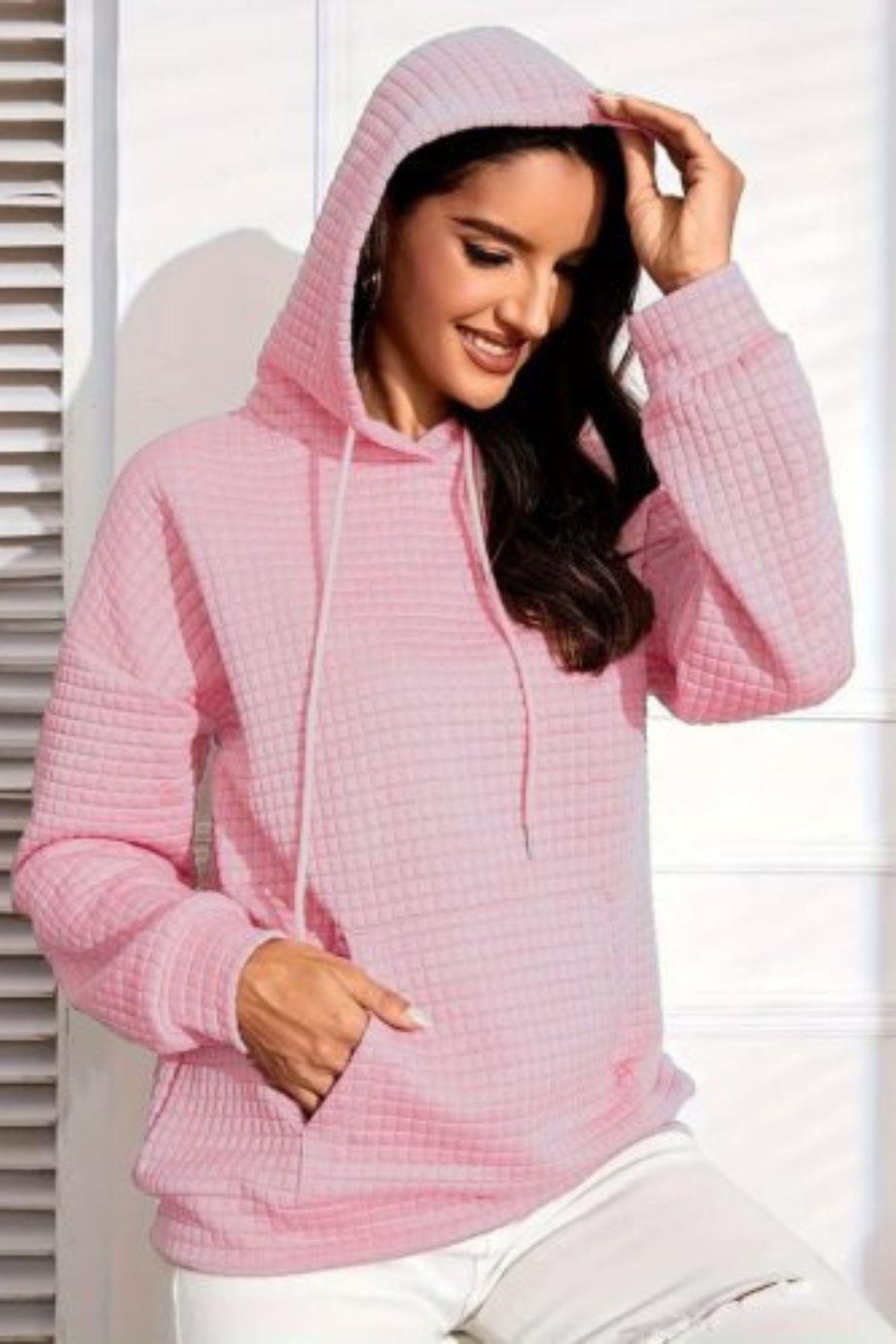 Kapüşonlu Bağcıklı Cepli Capitone Sweatshirt Pembe