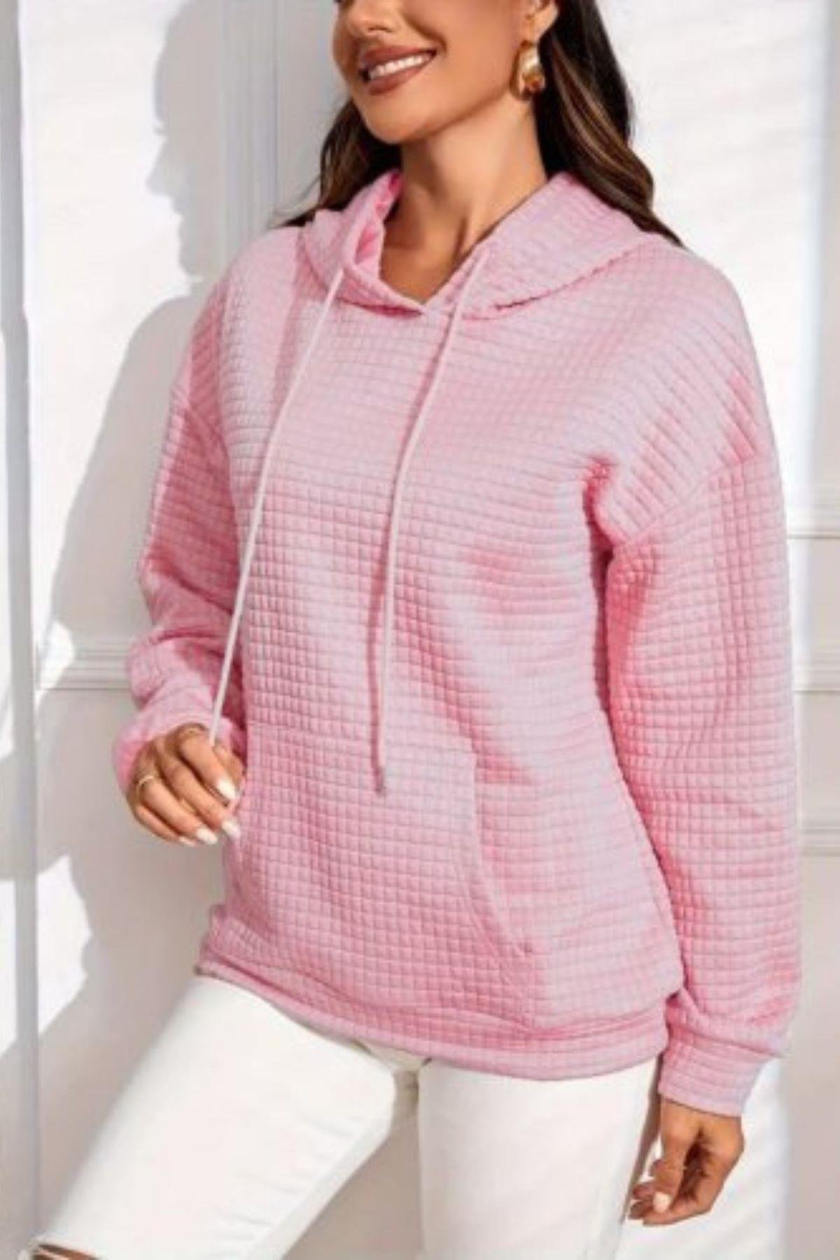Kapüşonlu Bağcıklı Cepli Capitone Sweatshirt Pembe