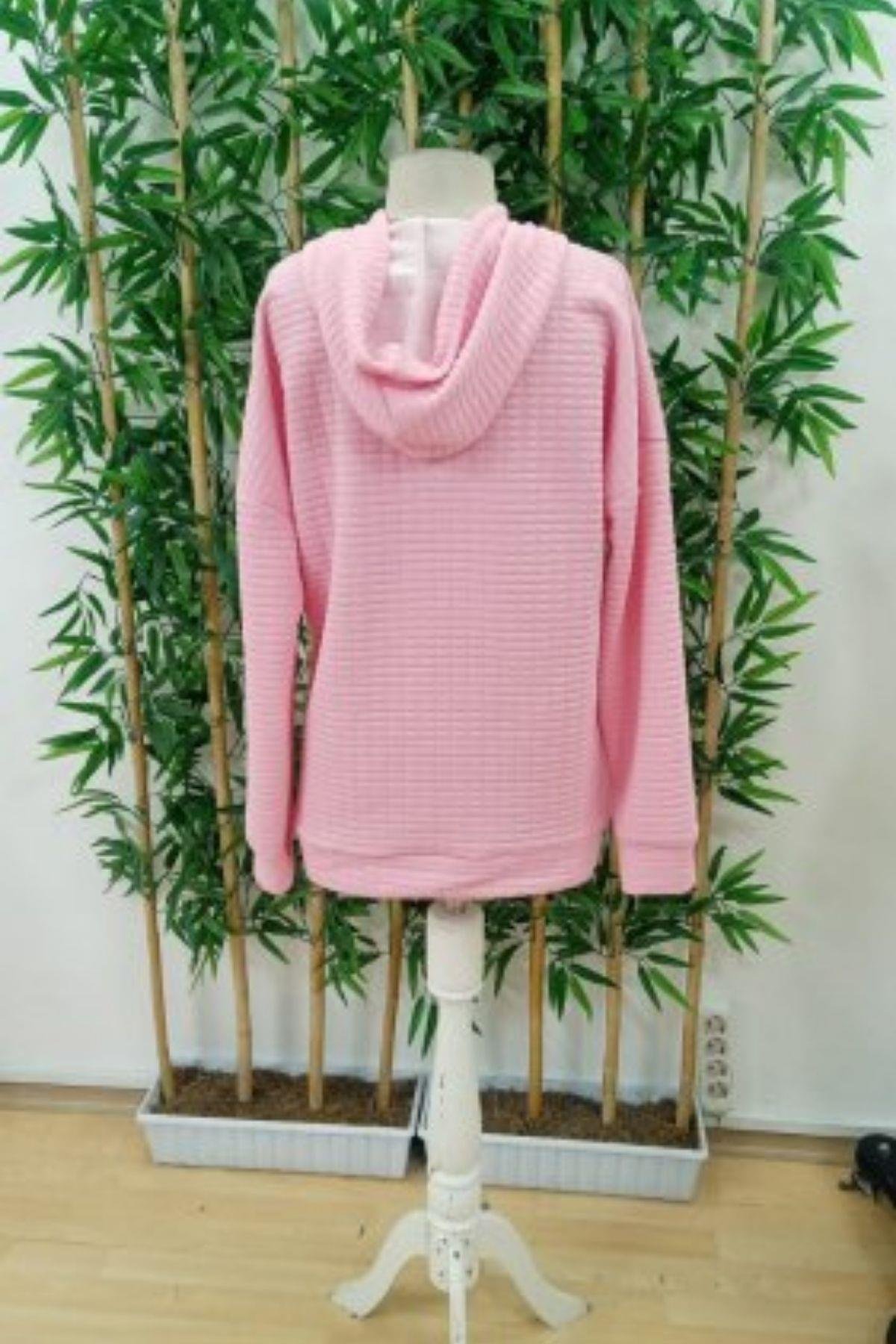 Kapüşonlu Bağcıklı Cepli Capitone Sweatshirt Pembe