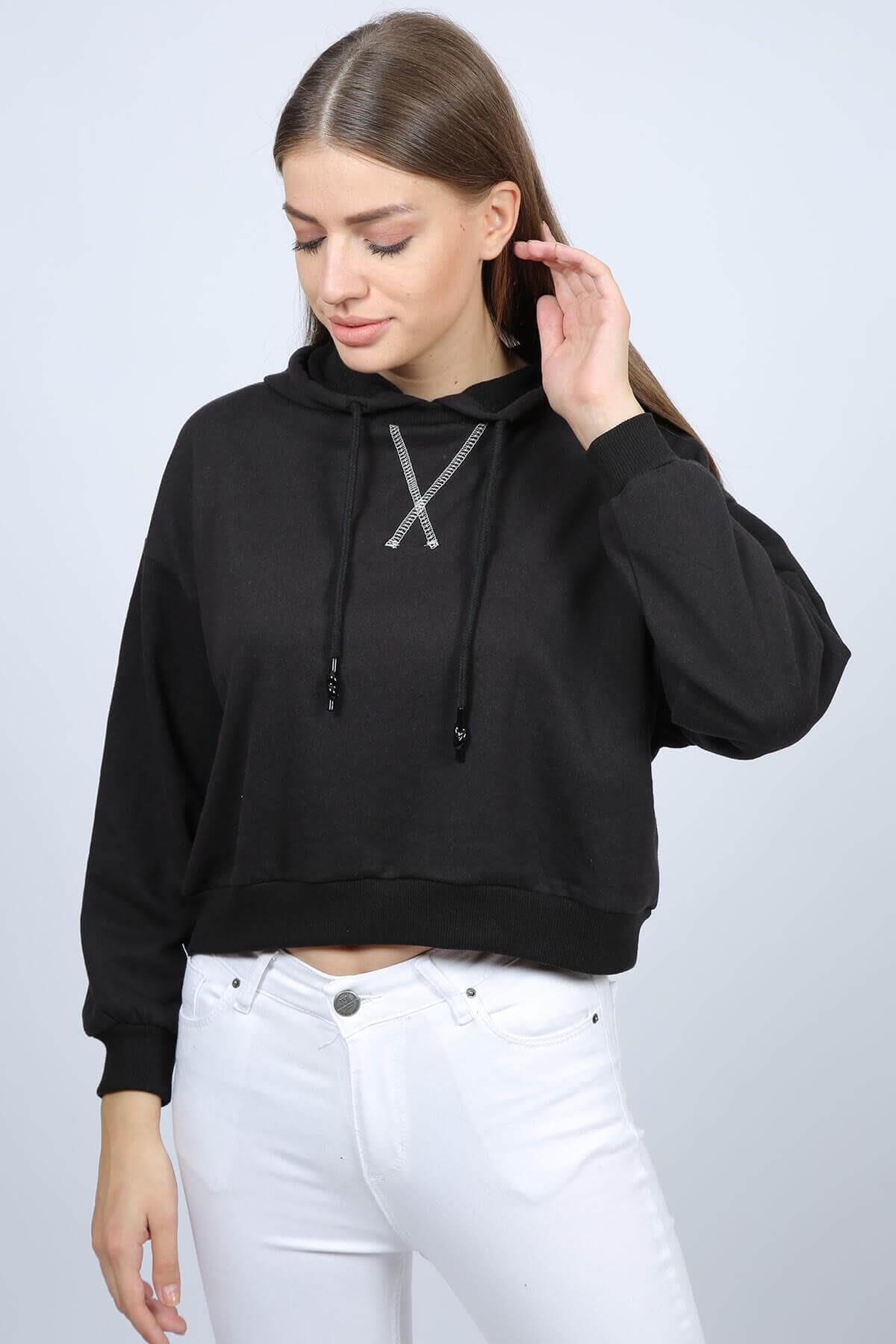 Kapüşonlu Basic Kadın Sweat Siyah