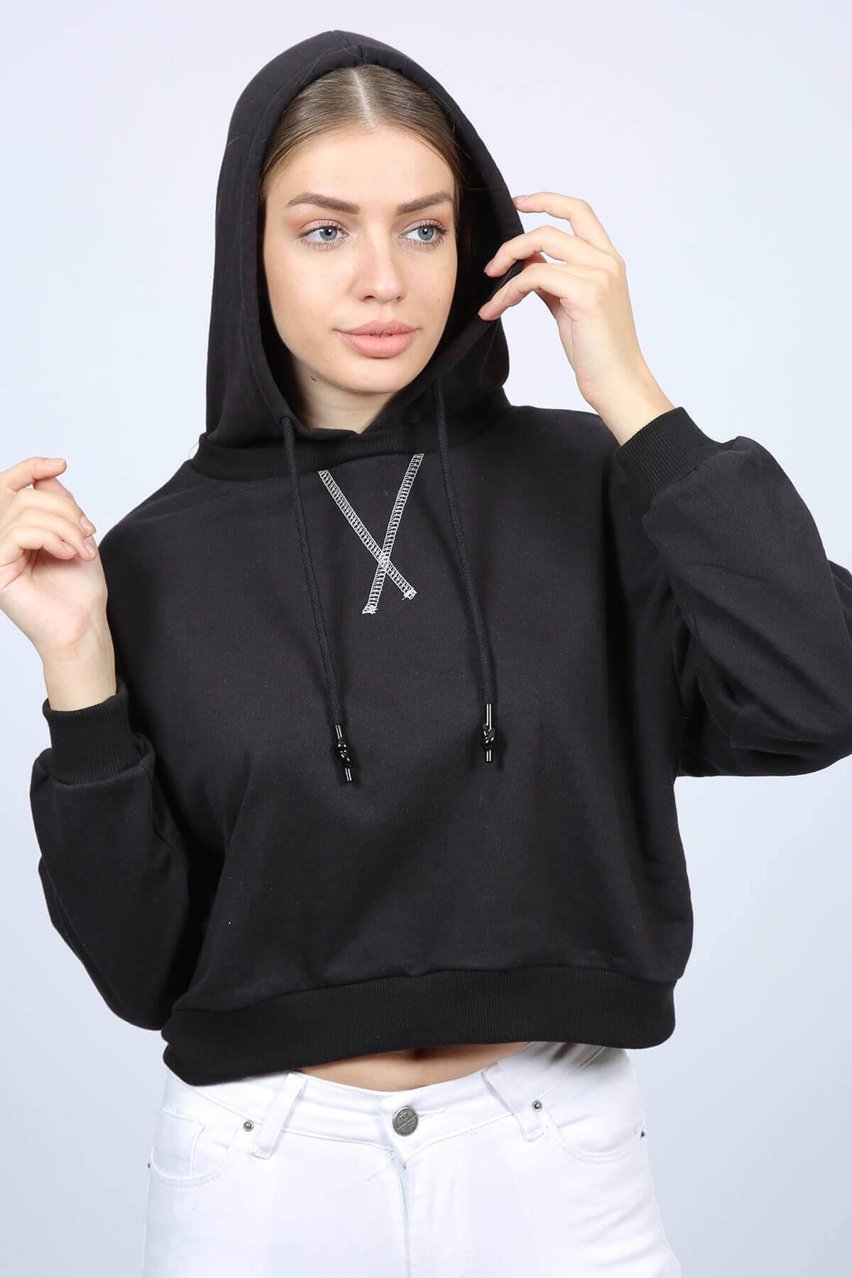 Kapüşonlu Basic Kadın Sweat Siyah