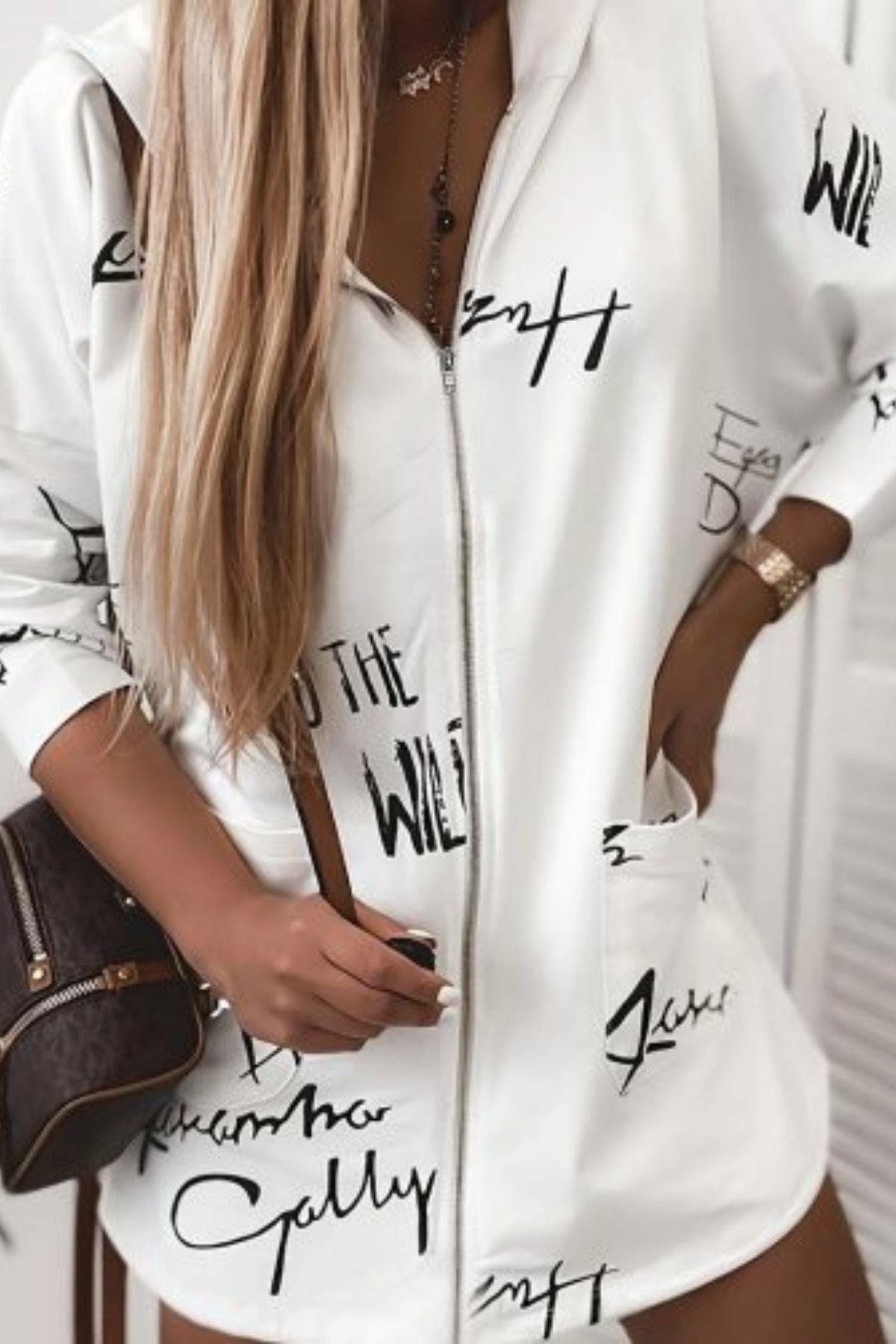 Kapüşonlu Baskılı Şardonlu Dalgıç Ceket Siyah