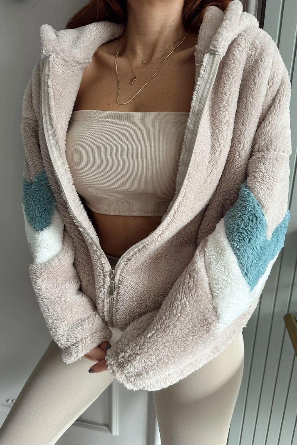 Kapüşonlu Kol Ve Bel Lastikli Peluş Mont Bej