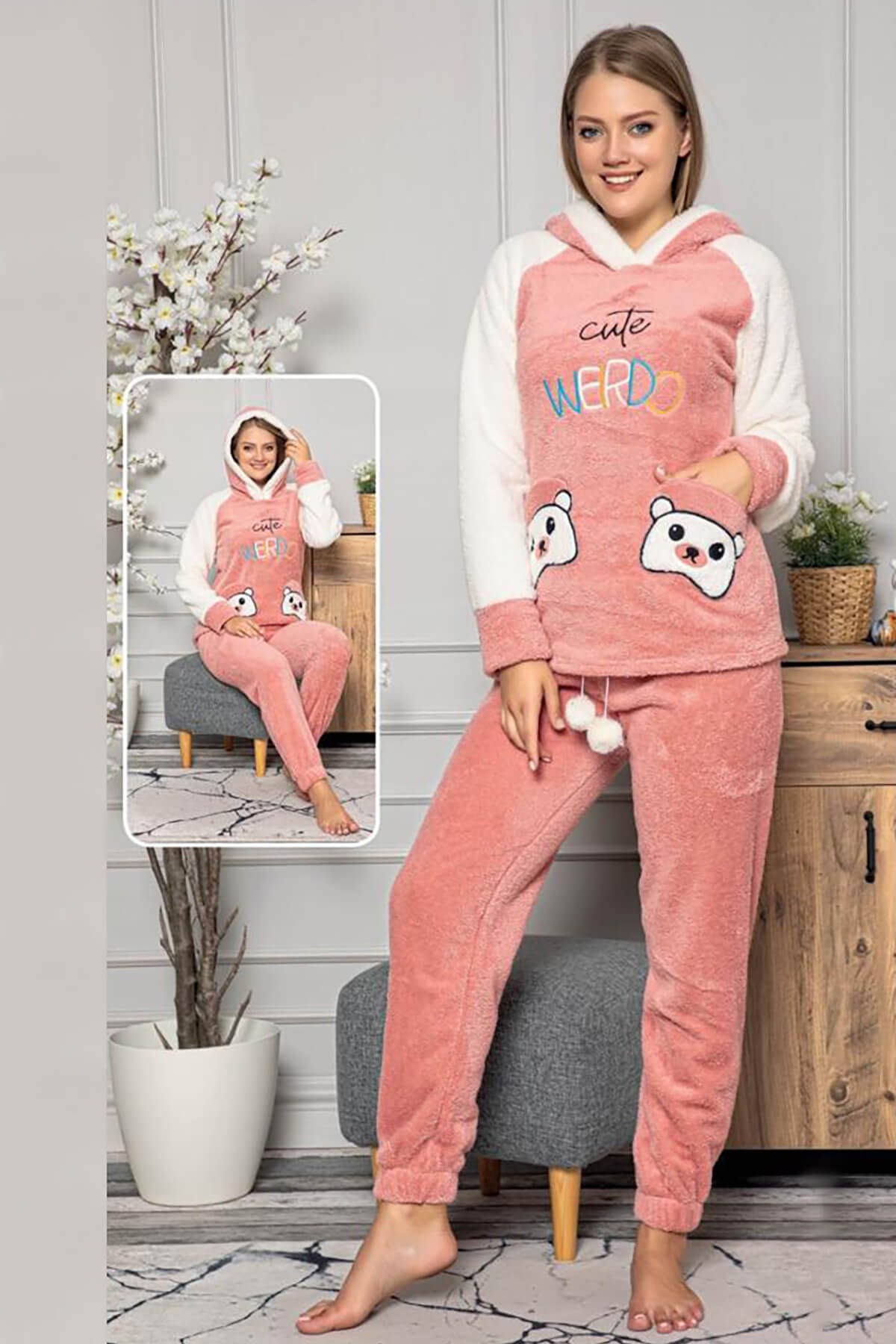 Kapüşonlu Peluş Pijama Takımı Pembe