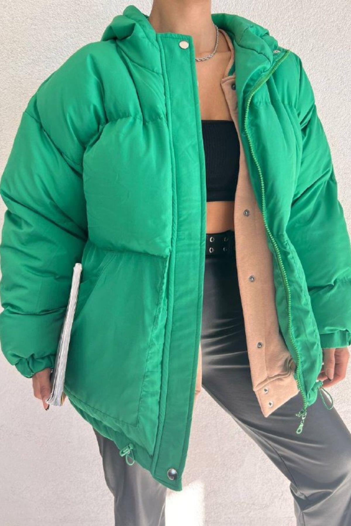 Kapüşonlu Şişme Mont Yeşil