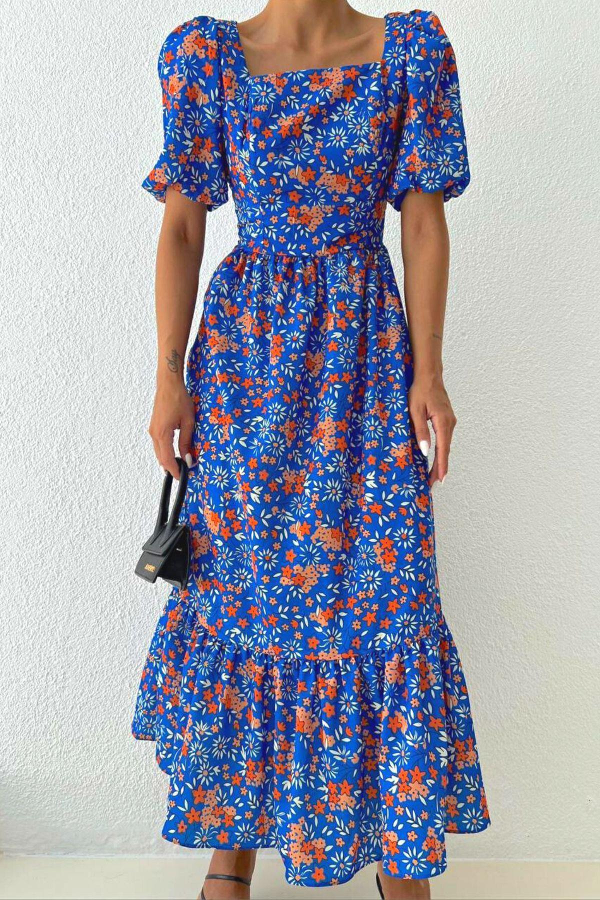 Kare Yaka Çiçek Desenli Uzun Elbise Saks