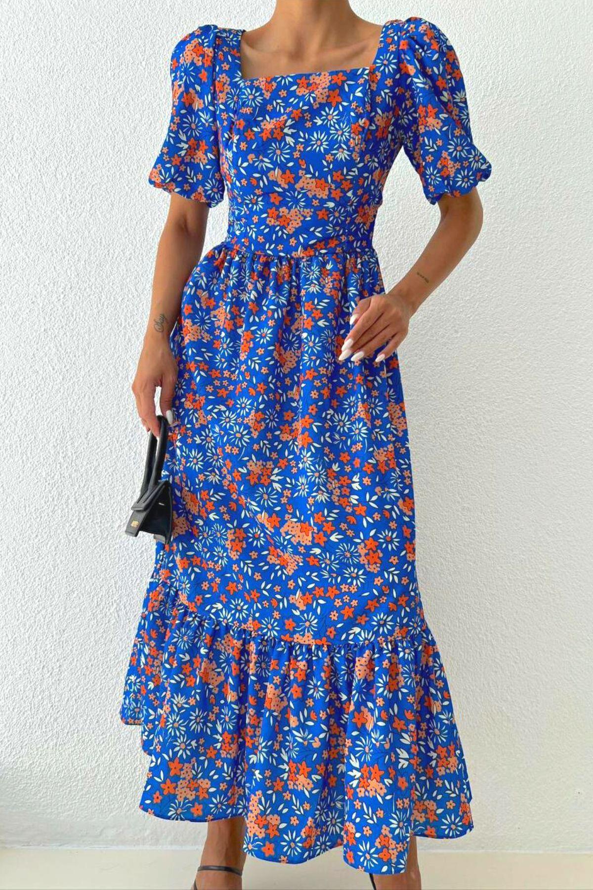 Kare Yaka Çiçek Desenli Uzun Elbise Saks