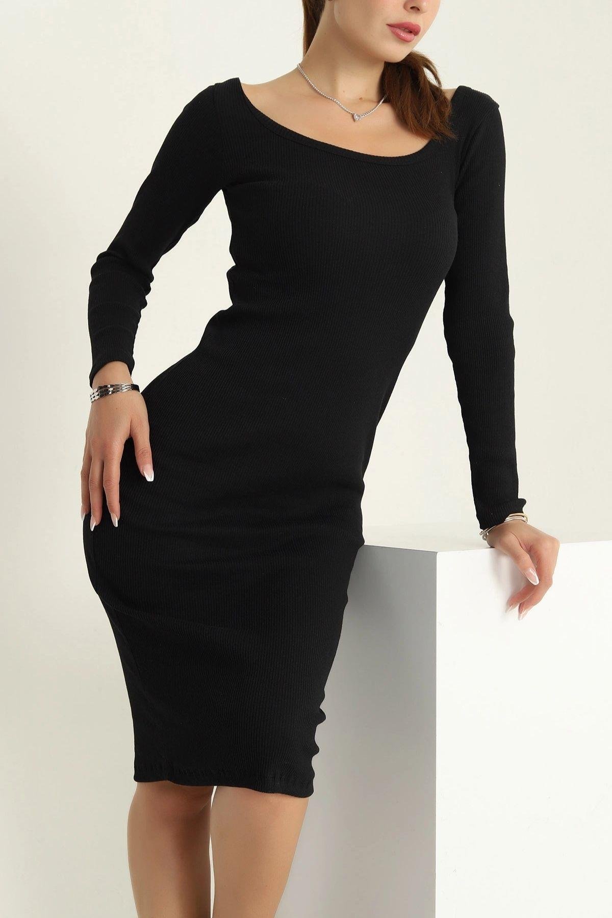 Kare Yaka Fitilli Likralı Elbise Siyah