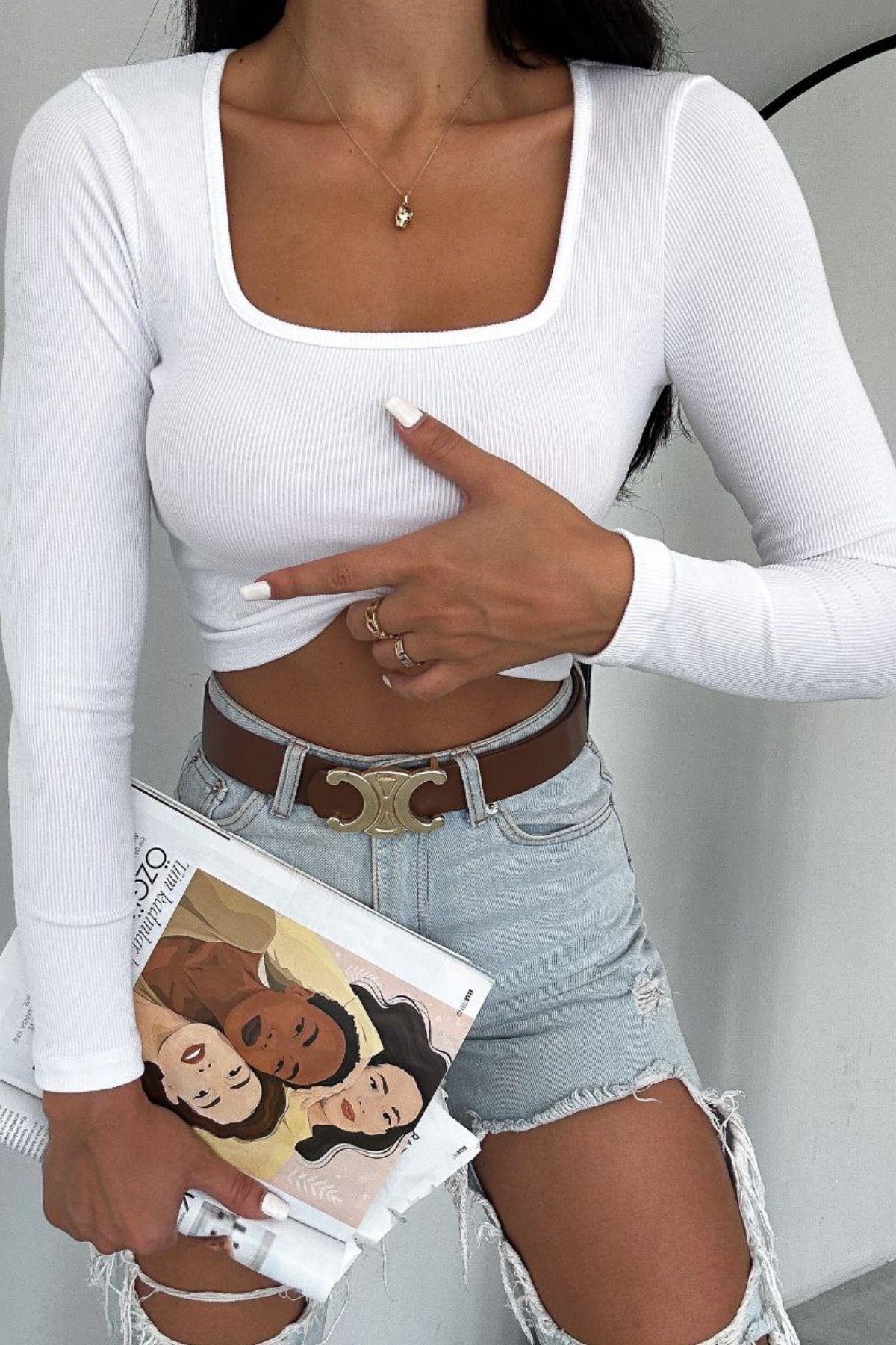 Kare Yaka Kaşkorse Crop Bluz Beyaz