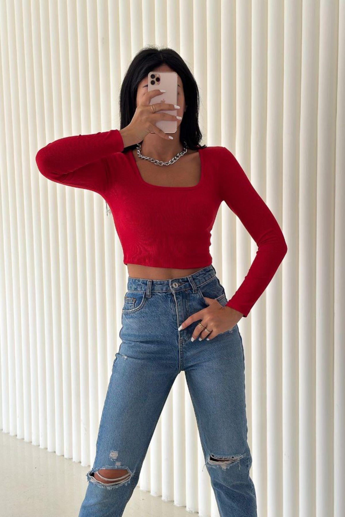 Kare Yaka Kaşkorse Crop Bluz Kırmızı