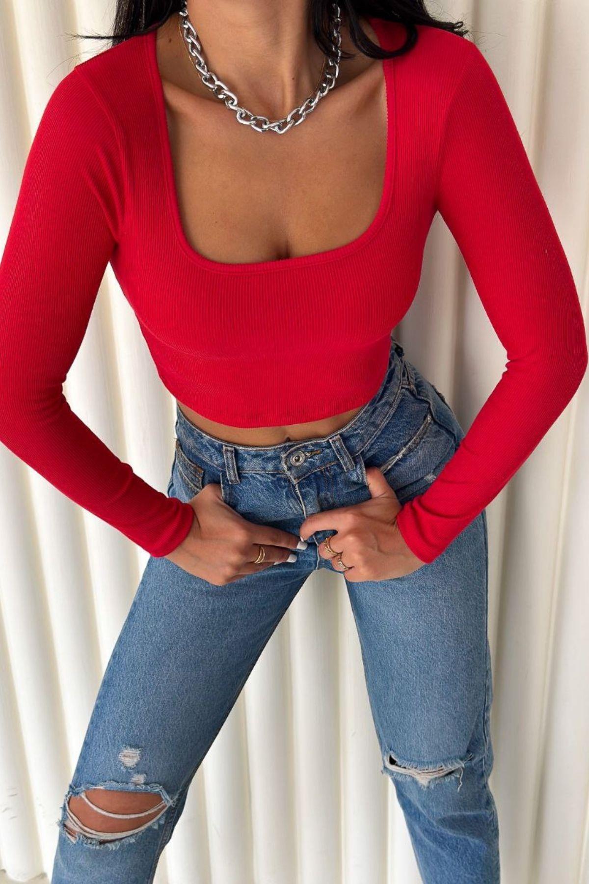 Kare Yaka Kaşkorse Crop Bluz Kırmızı