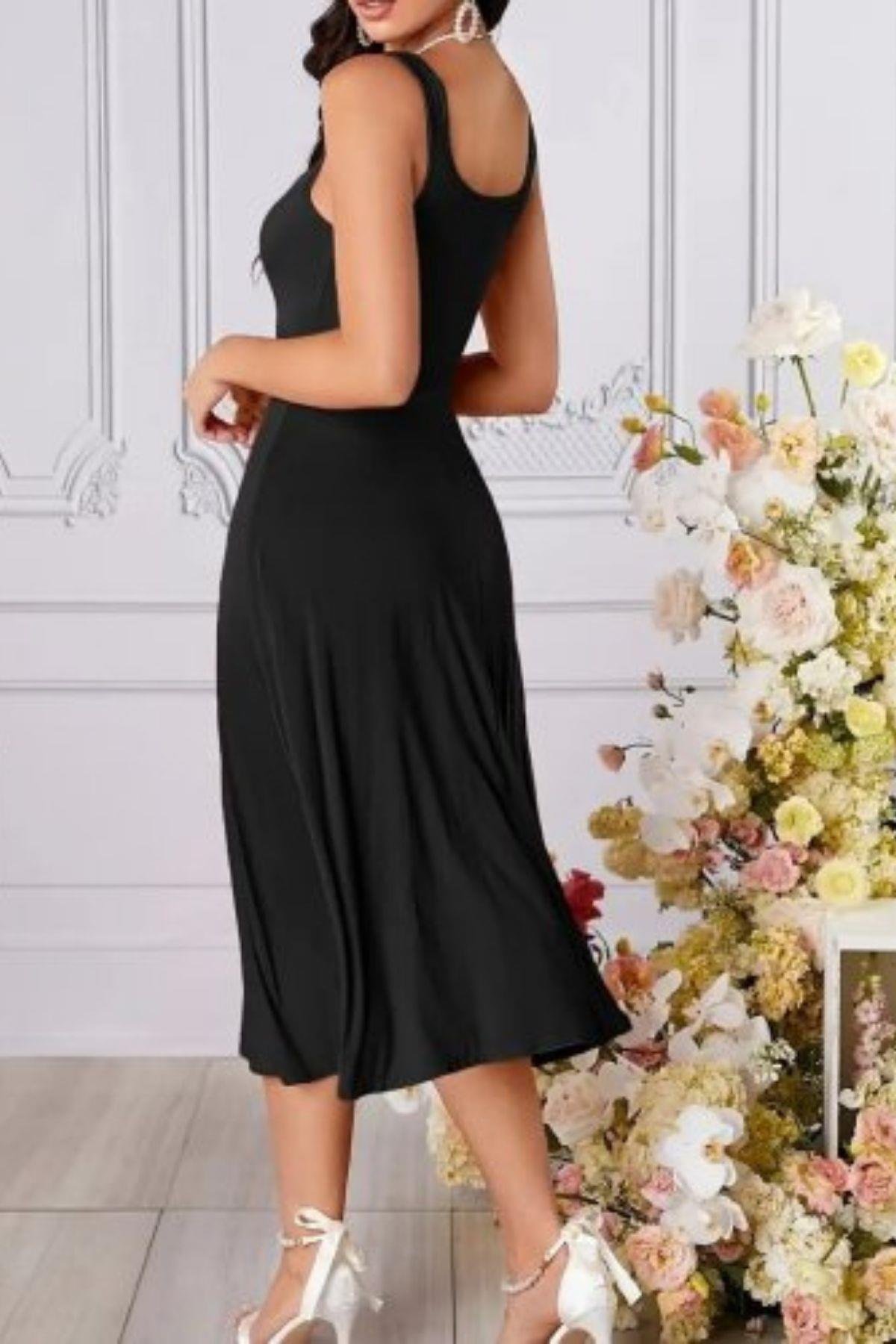 Kare Yaka Midi Krep Elbise Siyah