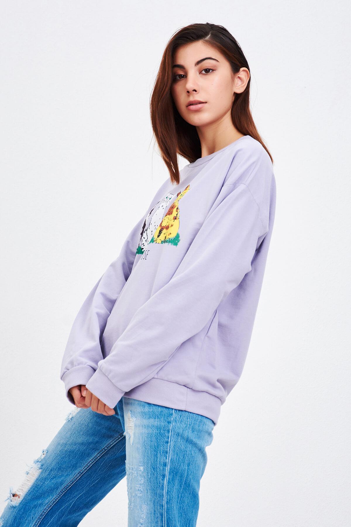 Kedi Baskılı Sweat Lila
