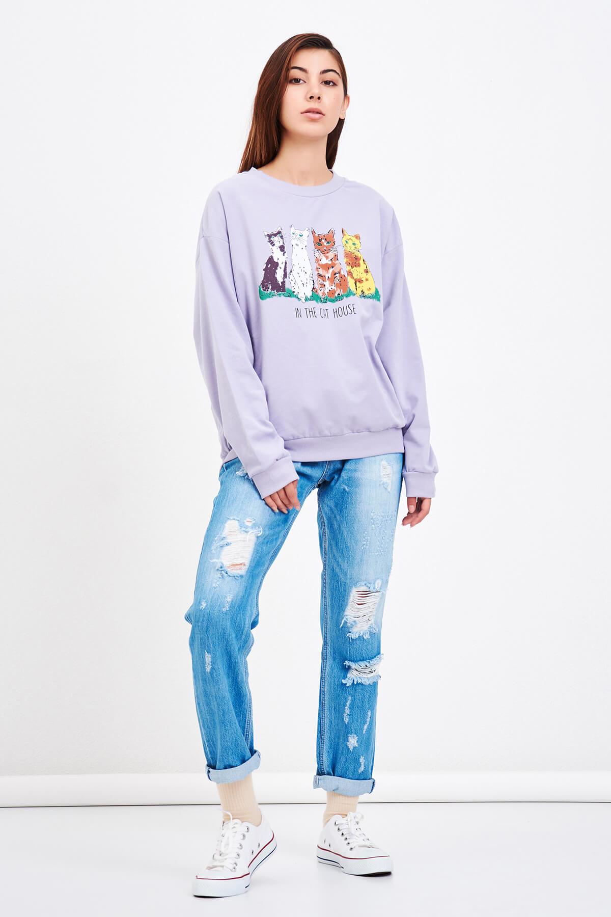 Kedi Baskılı Sweat Lila
