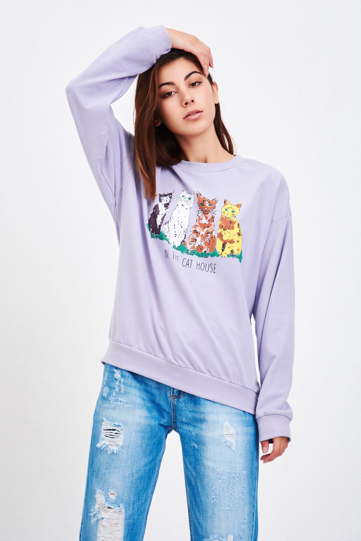 Kedi Baskılı Sweat Lila