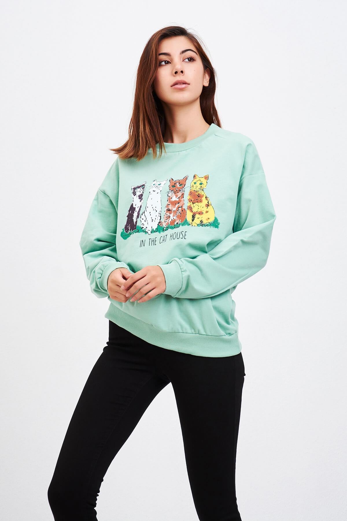 Kedi Baskılı Sweat Mint