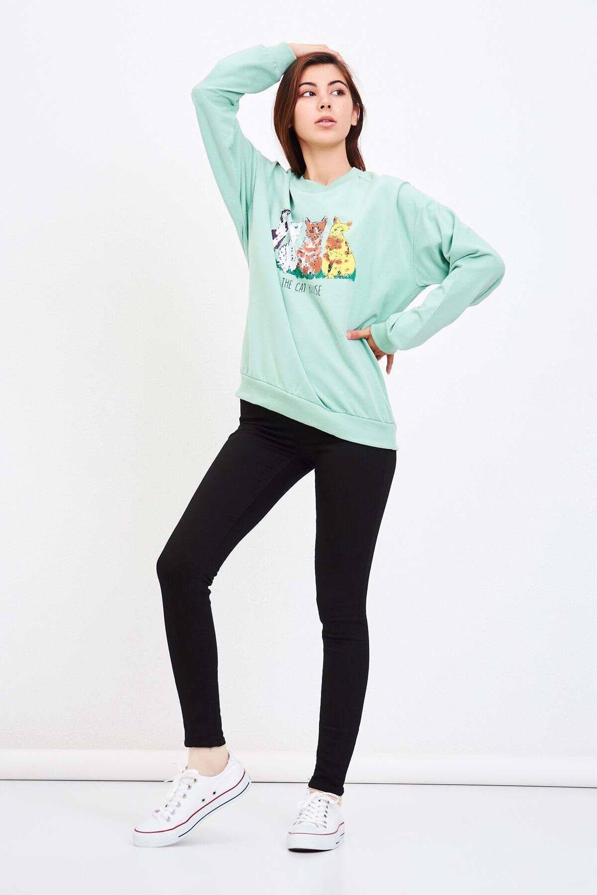 Kedi Baskılı Sweat Mint