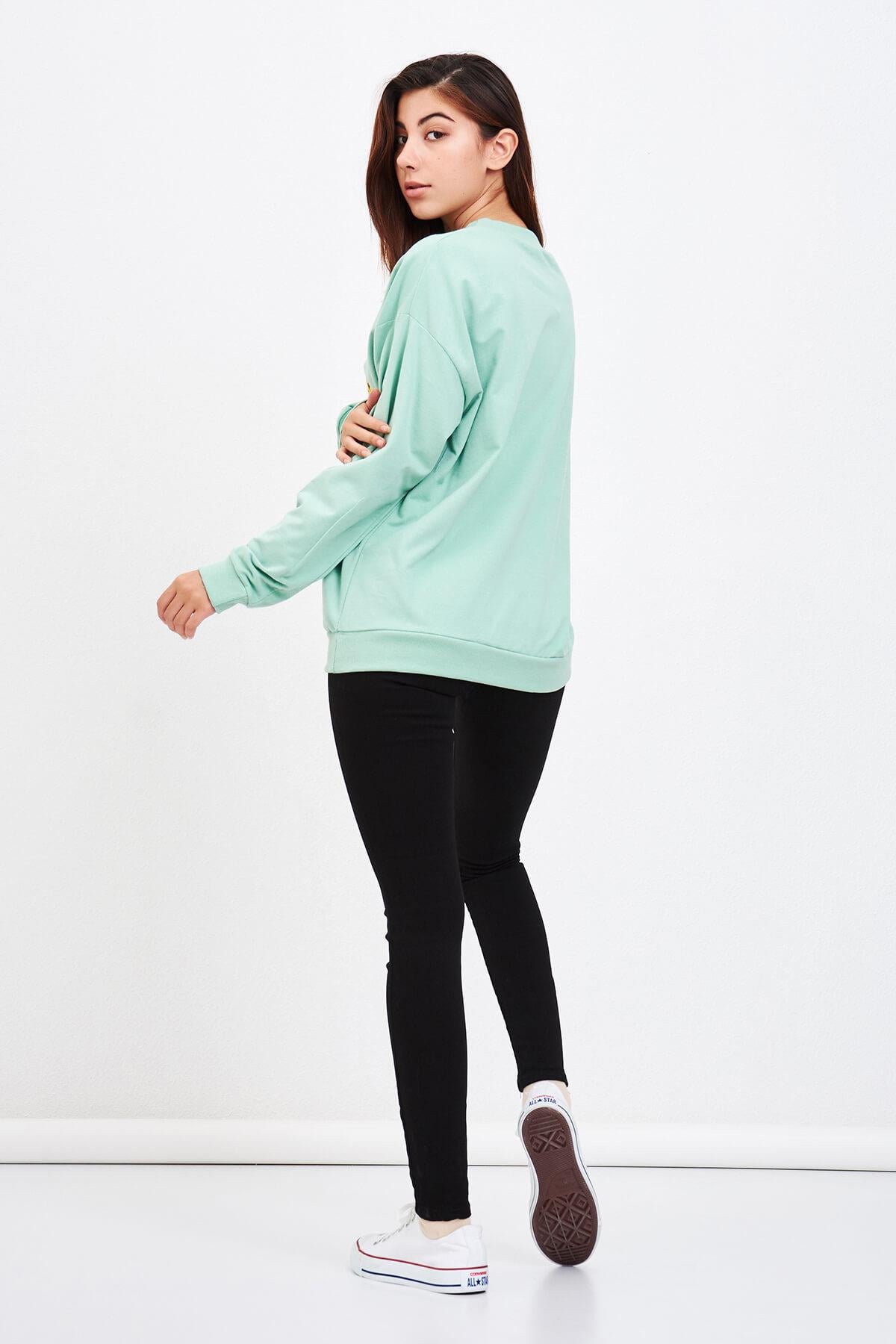 Kedi Baskılı Sweat Mint