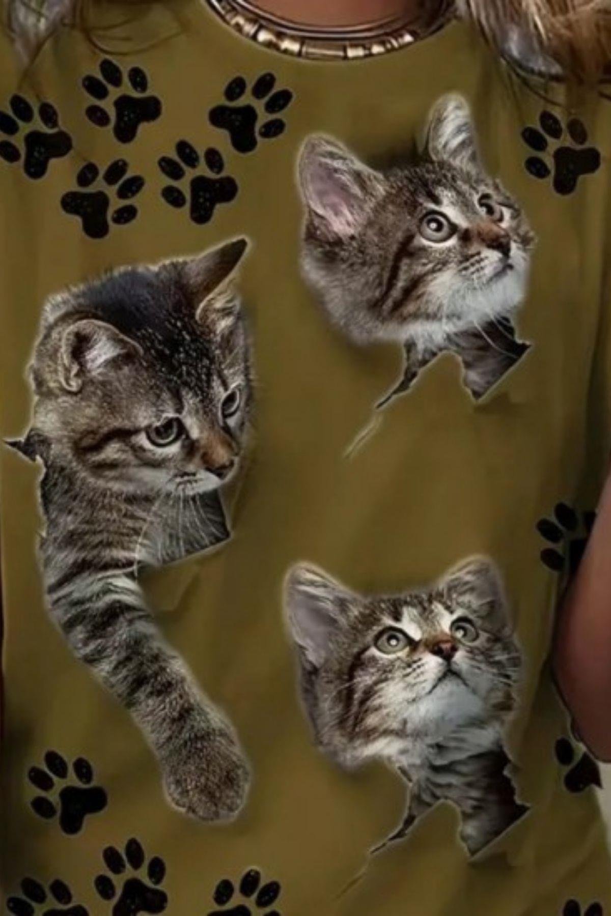 Kedi Ve Pati Baskılı Süprem T-shirt Haki