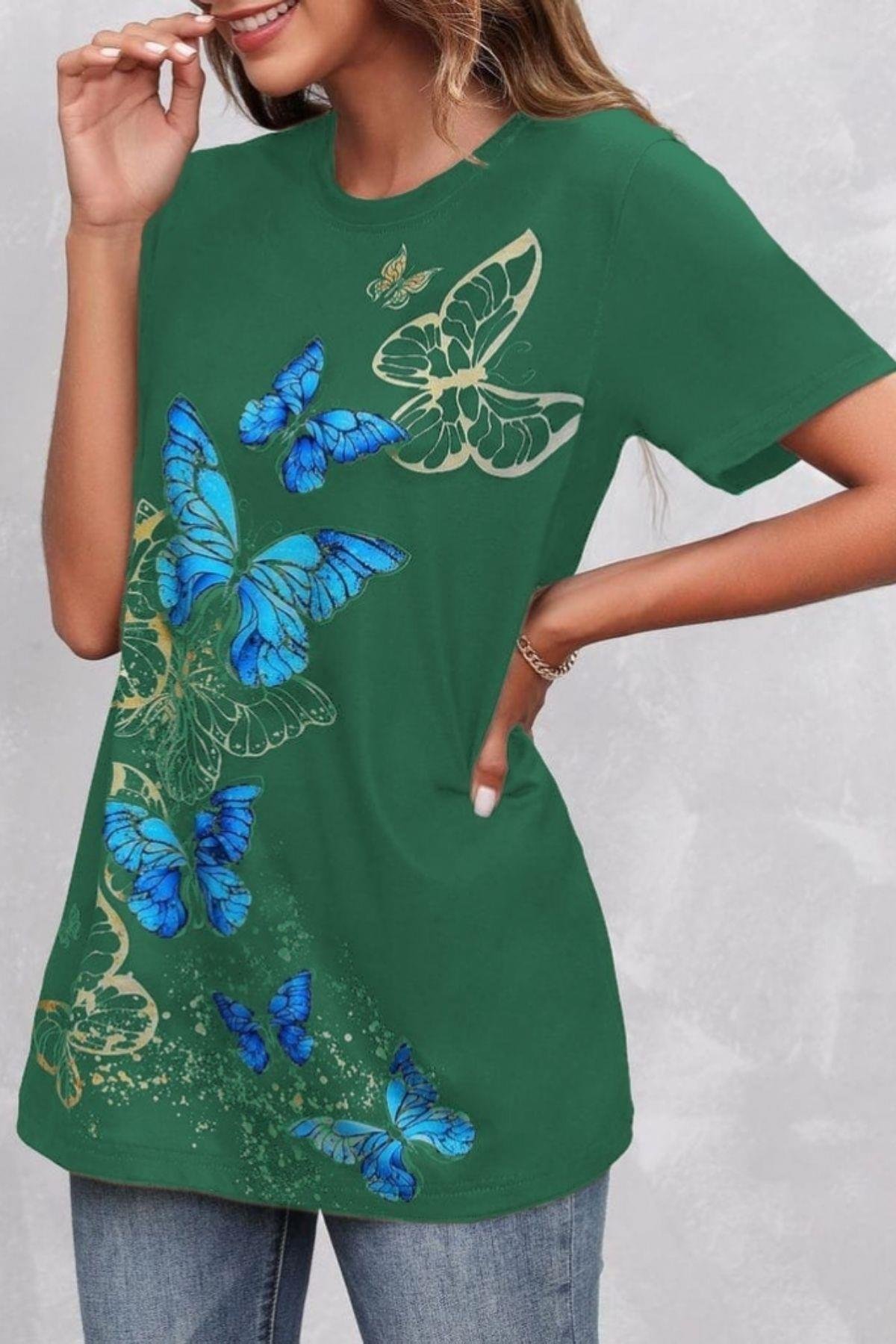Kelebek Baskı Kısa Kollu Süprem T-Shirt Yeşil
