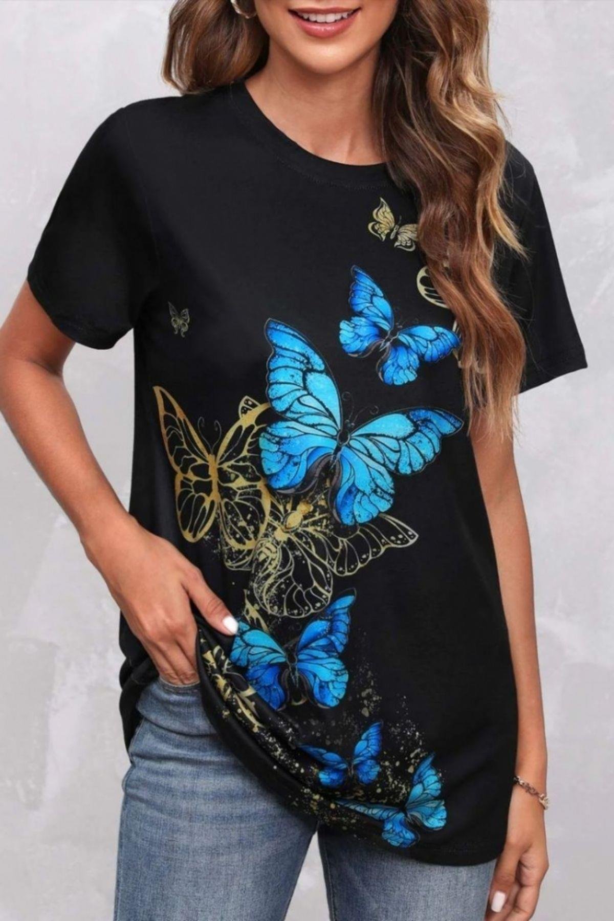 Kelebek Baskı Kısa Kollu Süprem T-Shirt Siyah