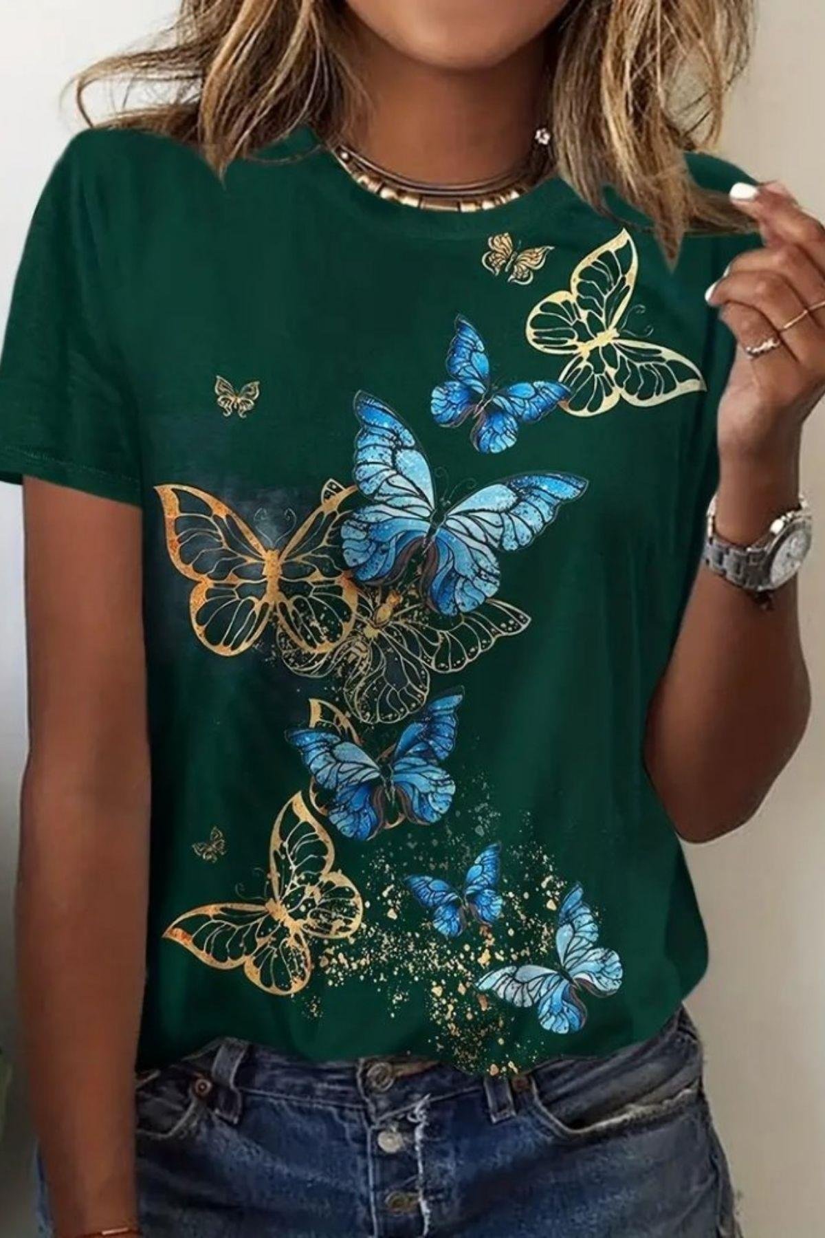 Kelebek Baskı Kısa Kollu Süprem T-Shirt Yeşil