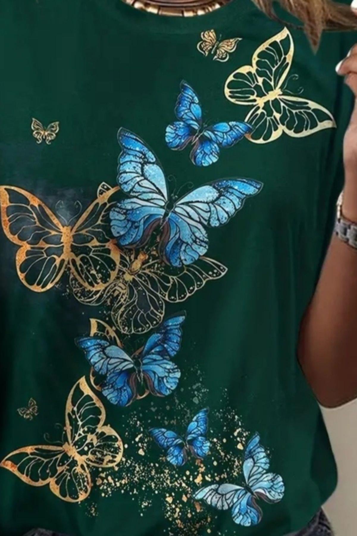 Kelebek Baskı Kısa Kollu Süprem T-Shirt Yeşil