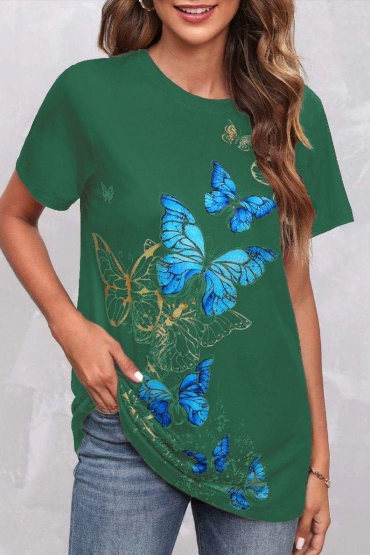 Kelebek Baskı Kısa Kollu Süprem T-Shirt Yeşil