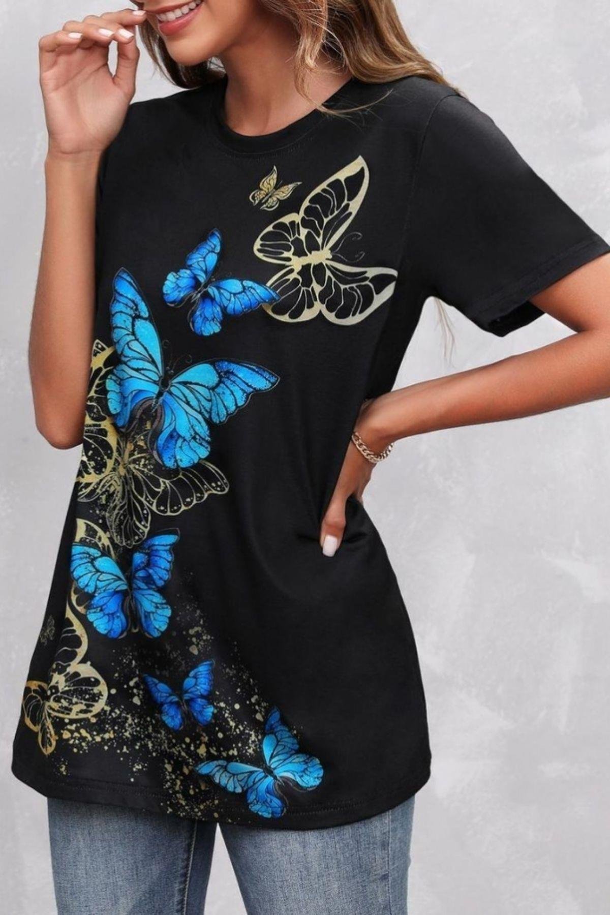Kelebek Baskı Kısa Kollu Süprem T-Shirt Siyah