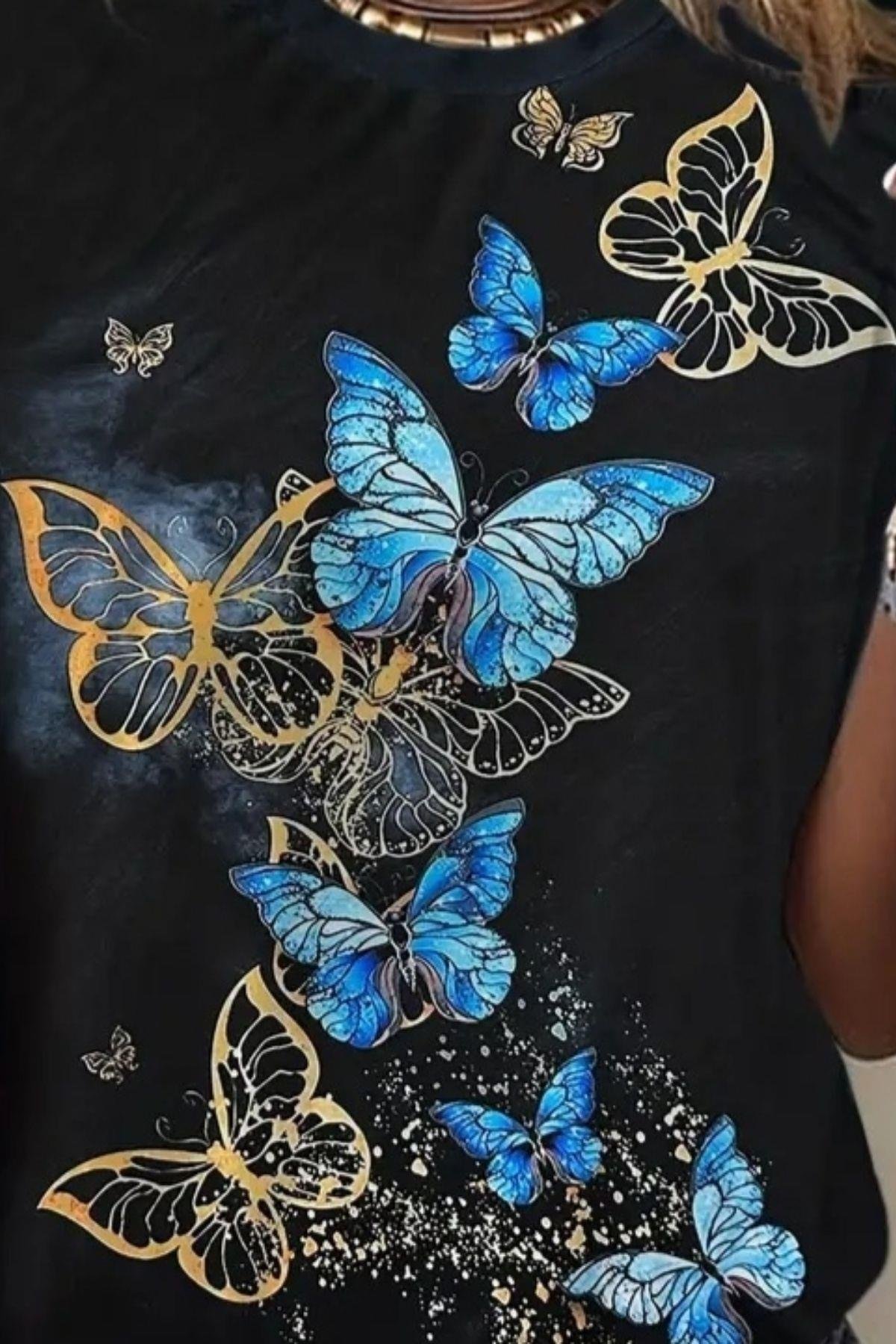 Kelebek Baskı Kısa Kollu Süprem T-Shirt Siyah