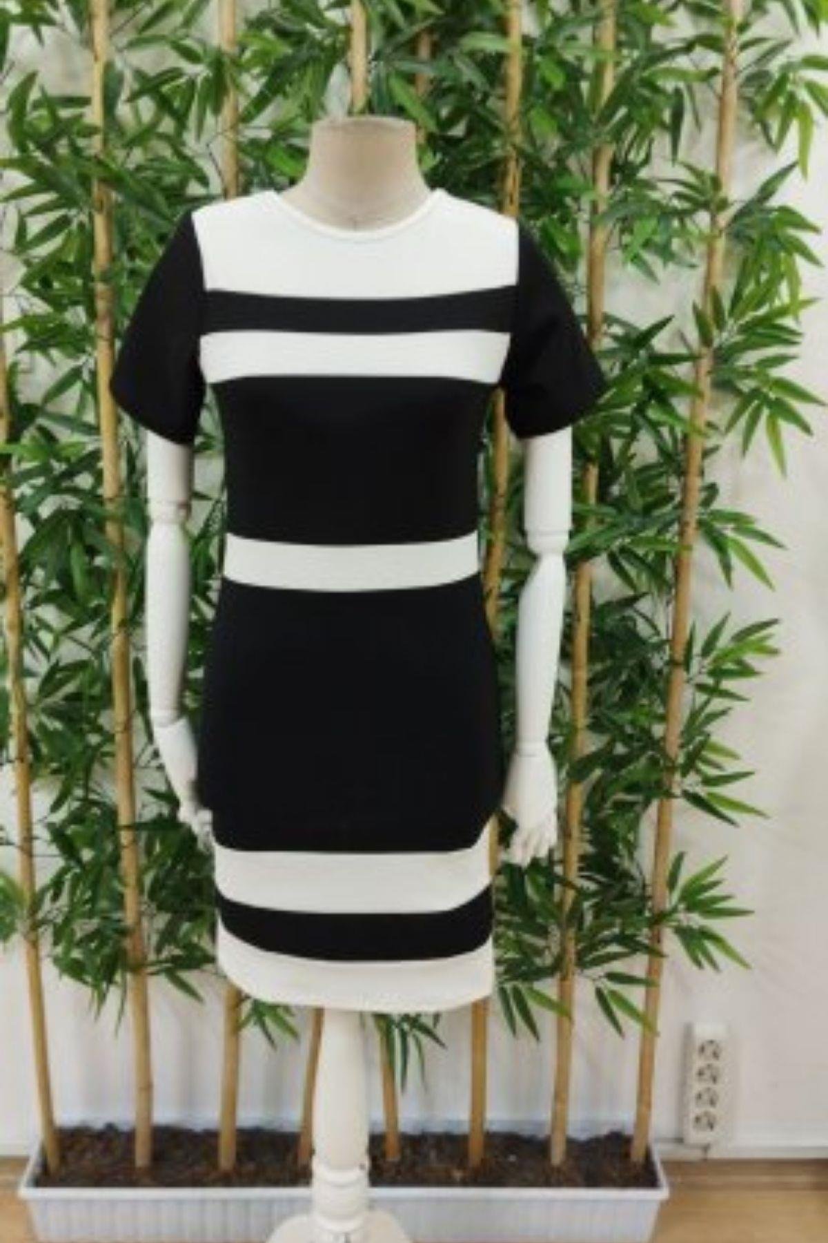 Kısa Kollu Blok Desen Mini Krep Elbise Siyah