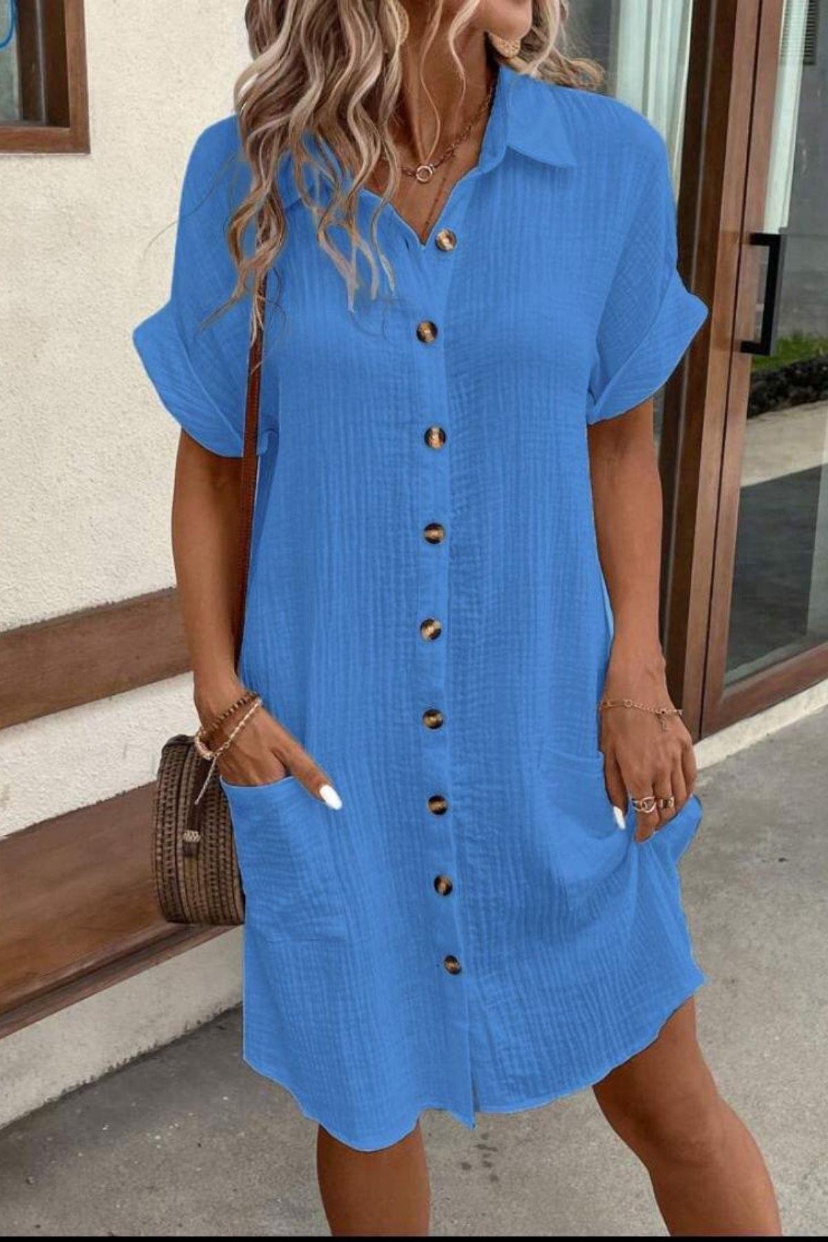 Kısa Kollu Cep Detaylı Bürümcük Gömlek Elbise Mavi