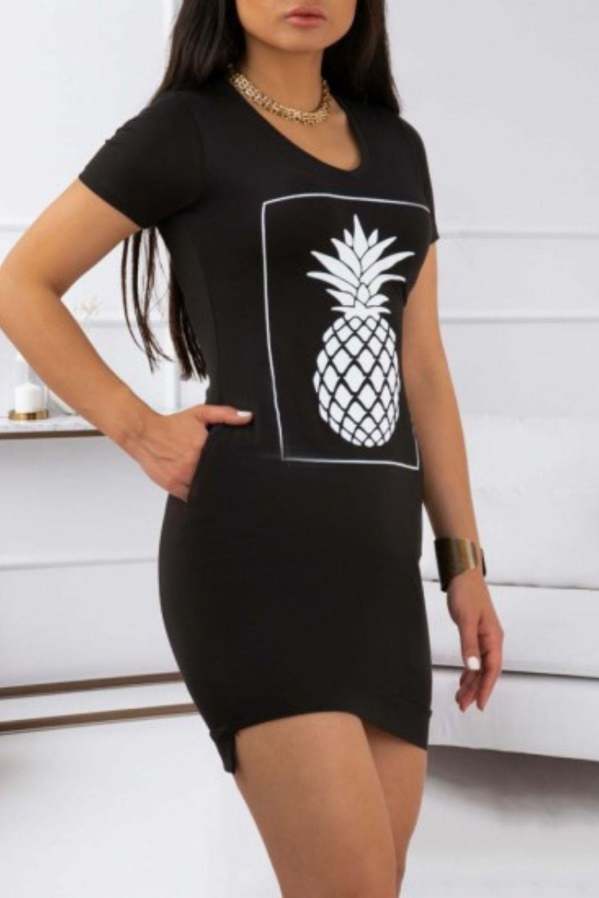 Kısa Kollu Çerçeve Detay Ananas Baskılı Cepli Viskon Elbise Siyah