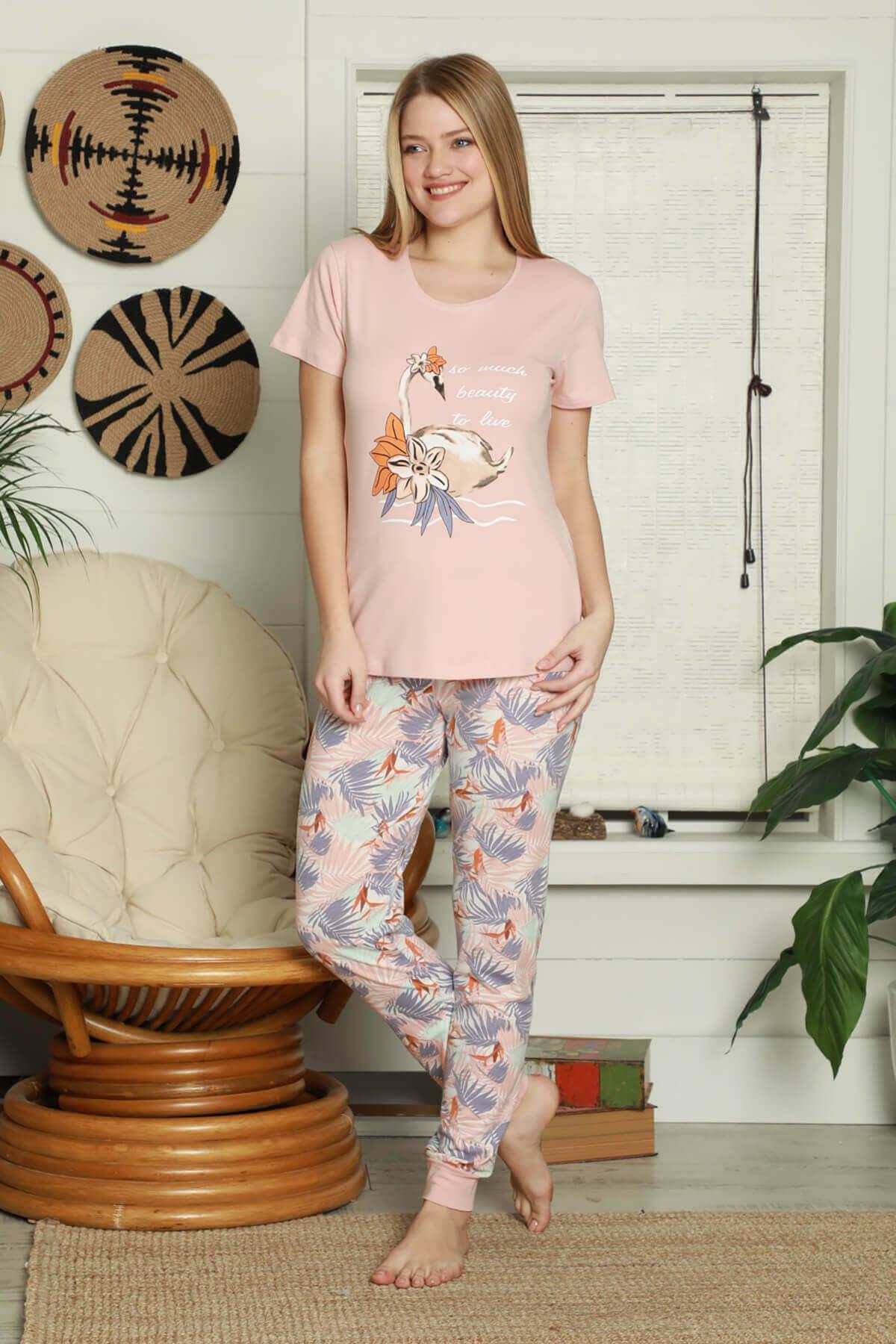 Kısa Kollu Kuğulu Pijama Takımı Pudra