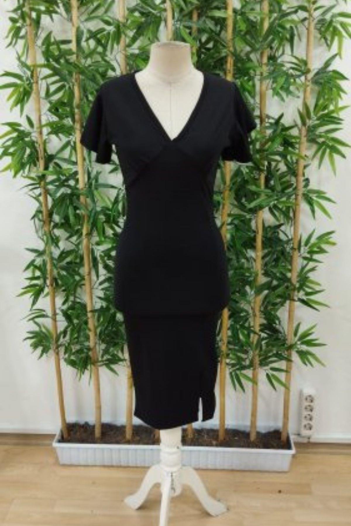 Kısa Kollu V Yaka Midi Elbise Siyah