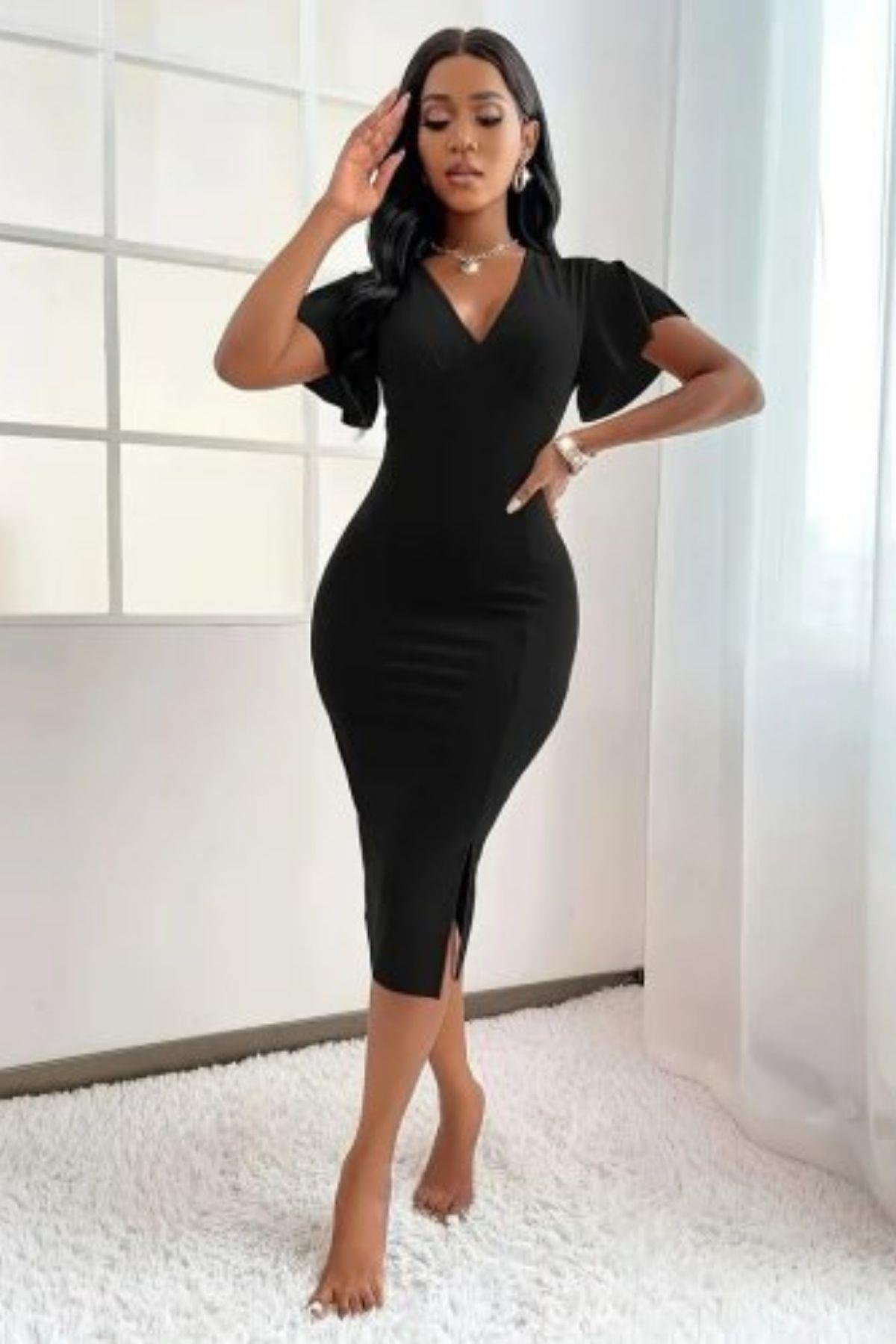 Kısa Kollu V Yaka Midi Elbise Siyah