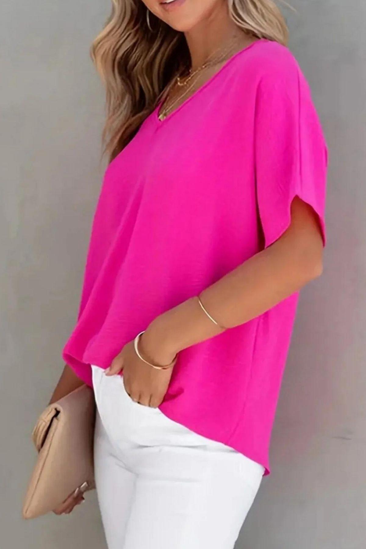 Kısa Kollu V Yaka Yarasa Kol Bluz Pembe