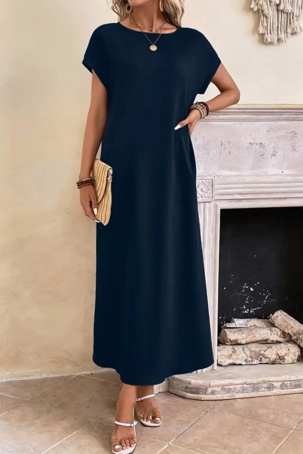 Kısa Kollu Viskon Basic Elbise Lacivert