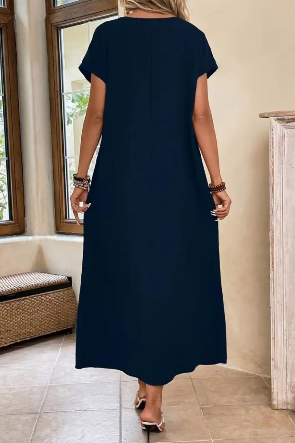 Kısa Kollu Viskon Basic Elbise Lacivert