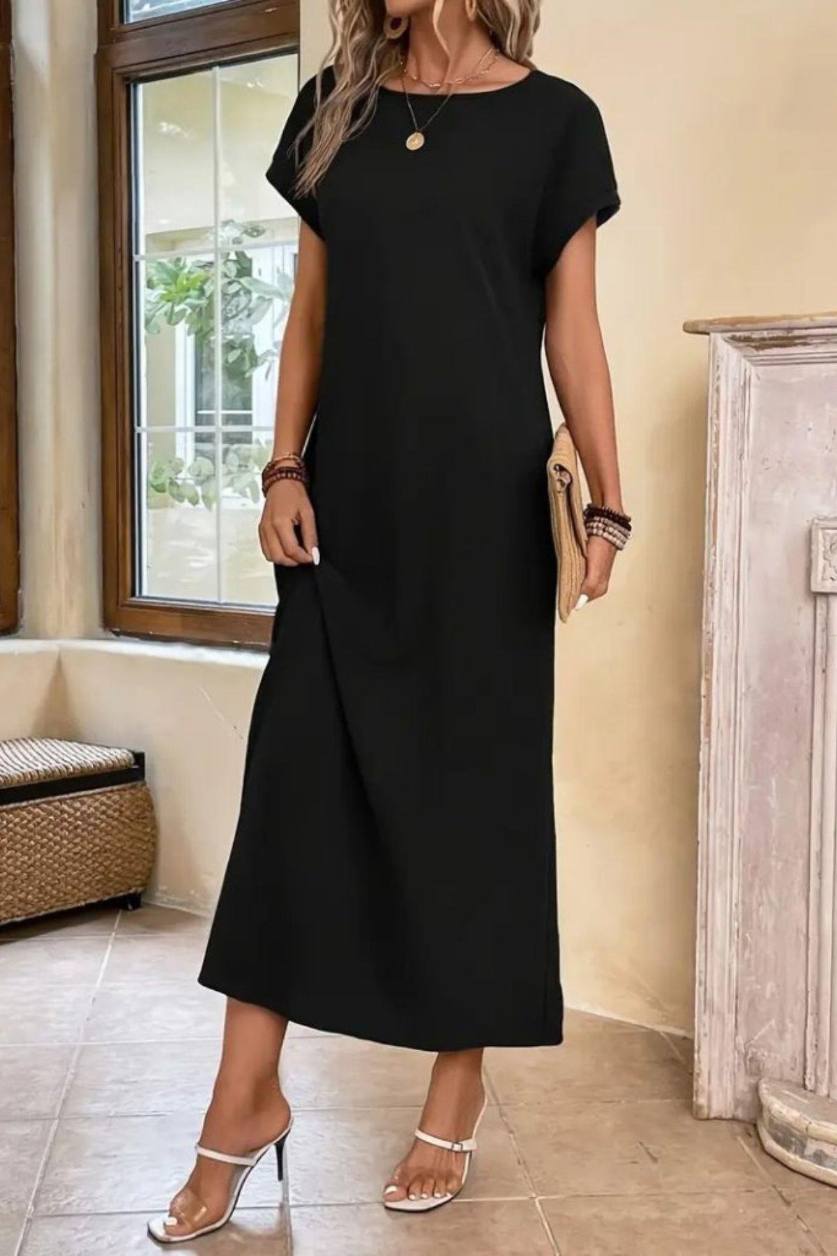 Kısa Kollu Viskon Basic Elbise Siyah